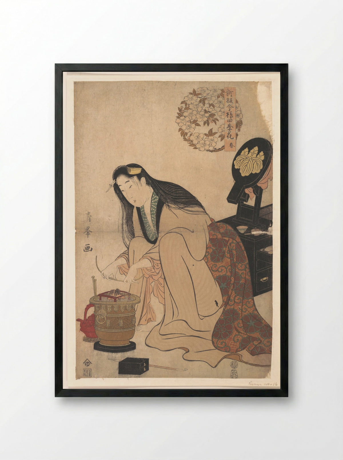Lady Arranging Binsashi to put in Her Hair - Torii Kiyomine - Framed Print Black