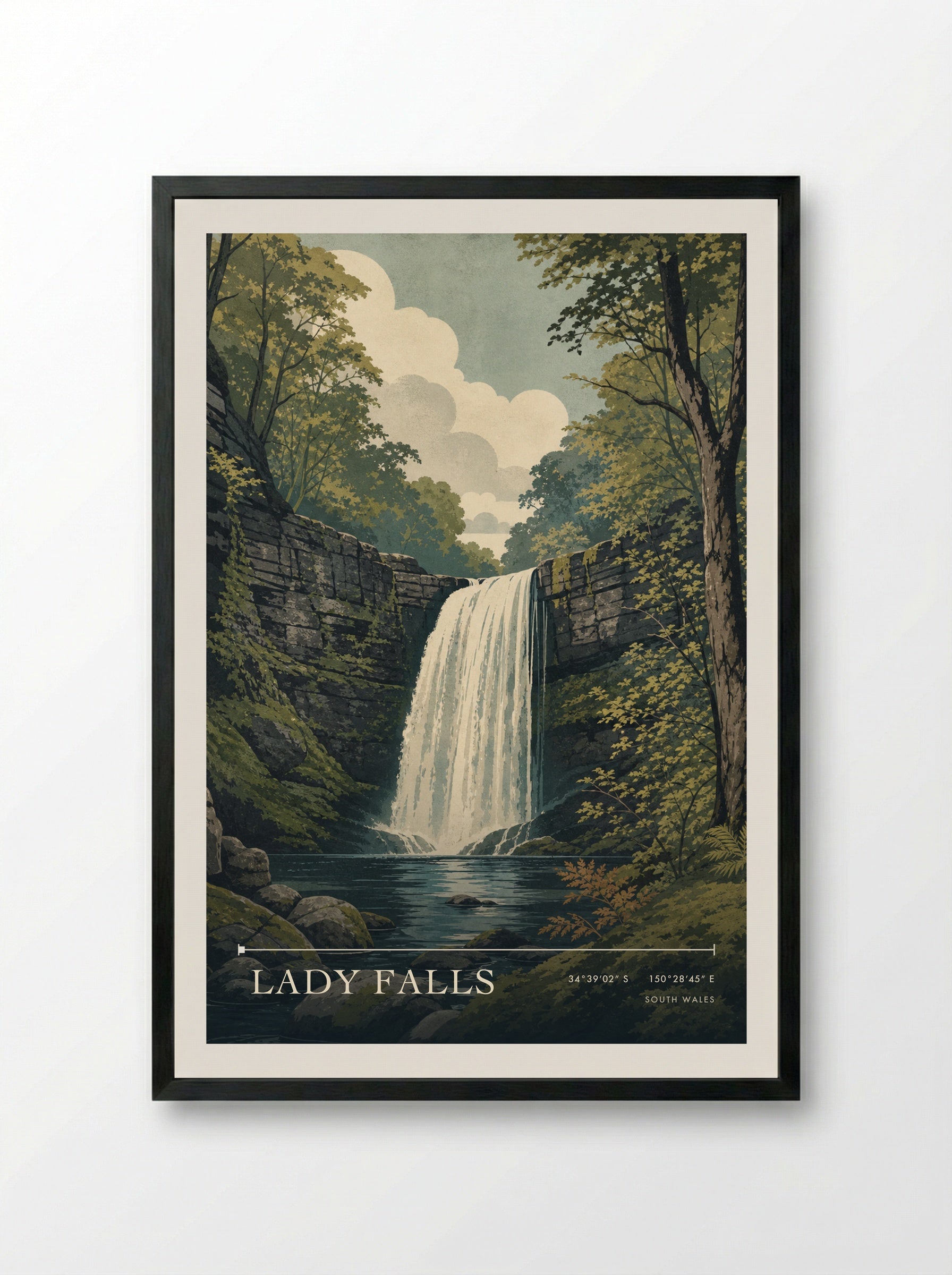 Lady Falls South Wales Wales Travel Poster - Framed Print Black