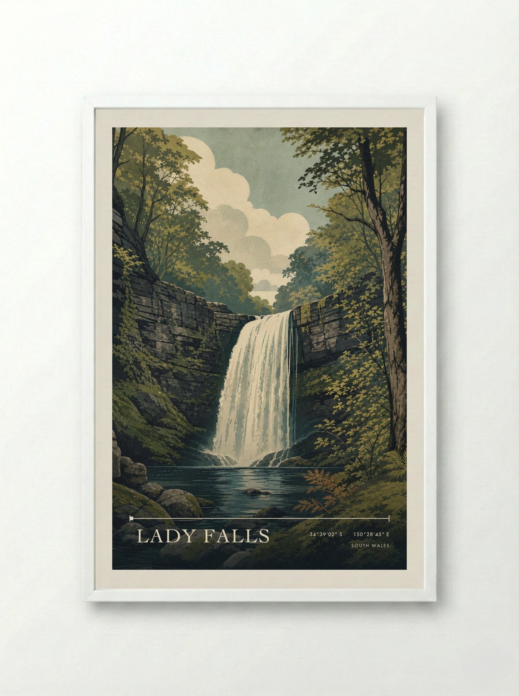 Lady Falls South Wales Wales Travel Poster - Framed Print White