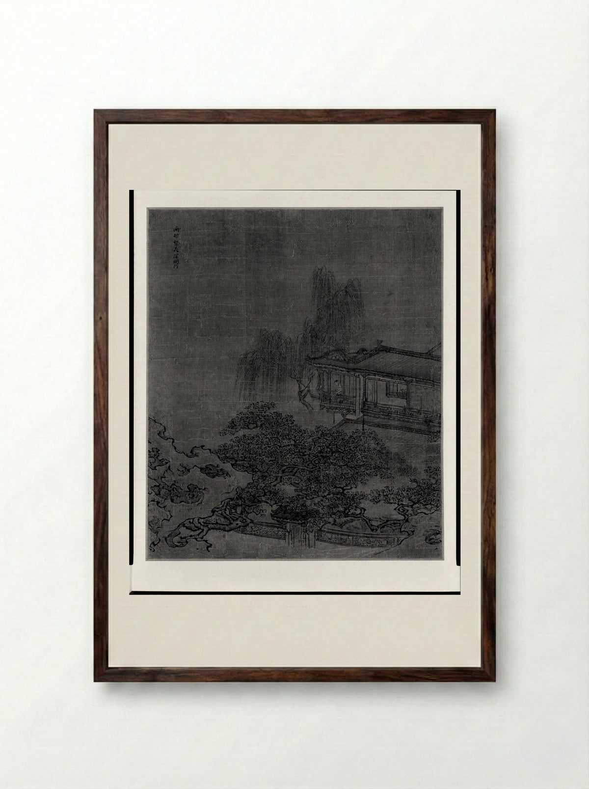 Lady Gazing From Her Balcony at Pear and Willow Trees and a Locked Gate - Yuan Yao - Framed Print Dark Wood