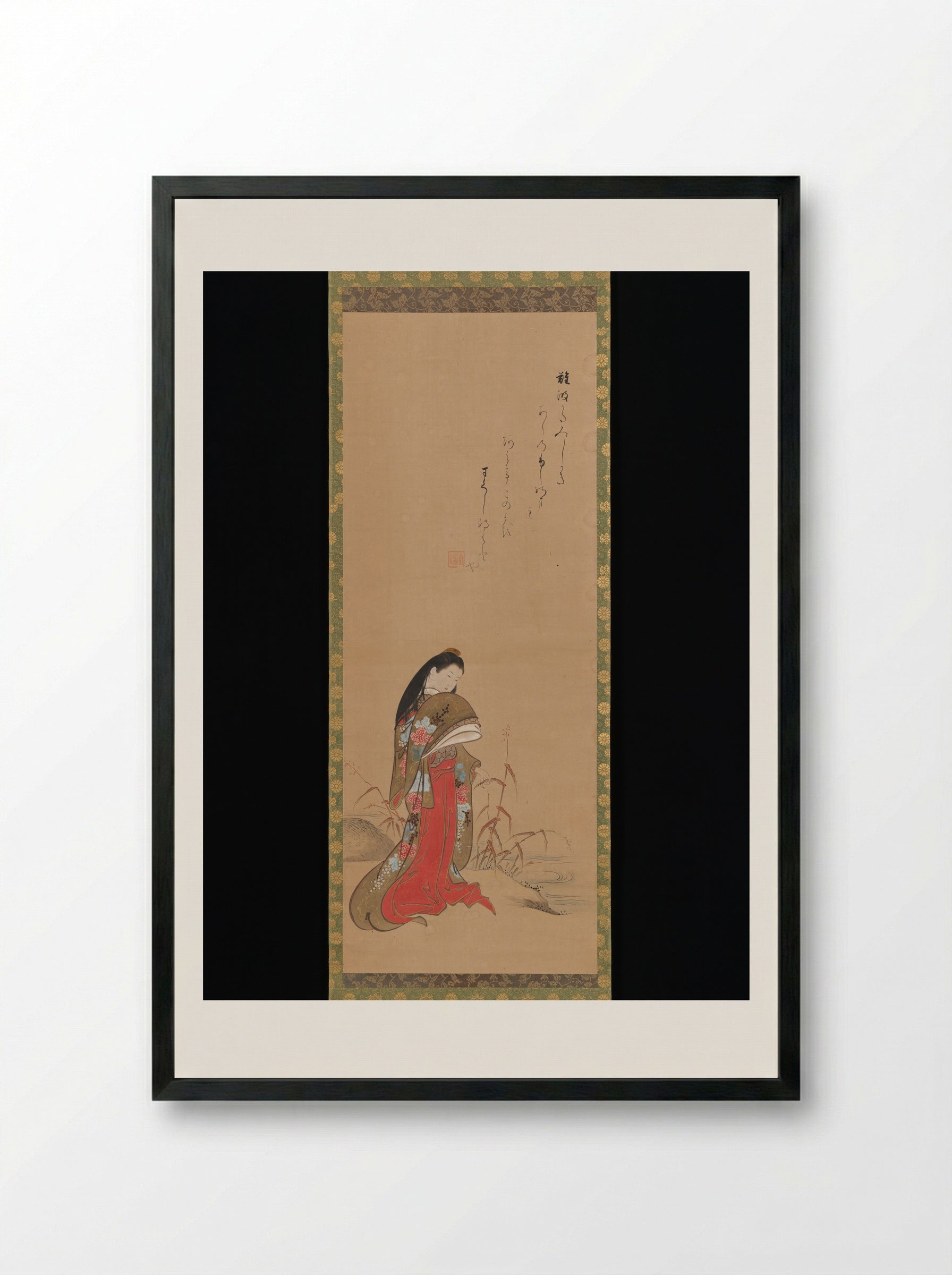 Lady Ise by the Riverbank - Nishikawa Sukenobu - Framed Print Black