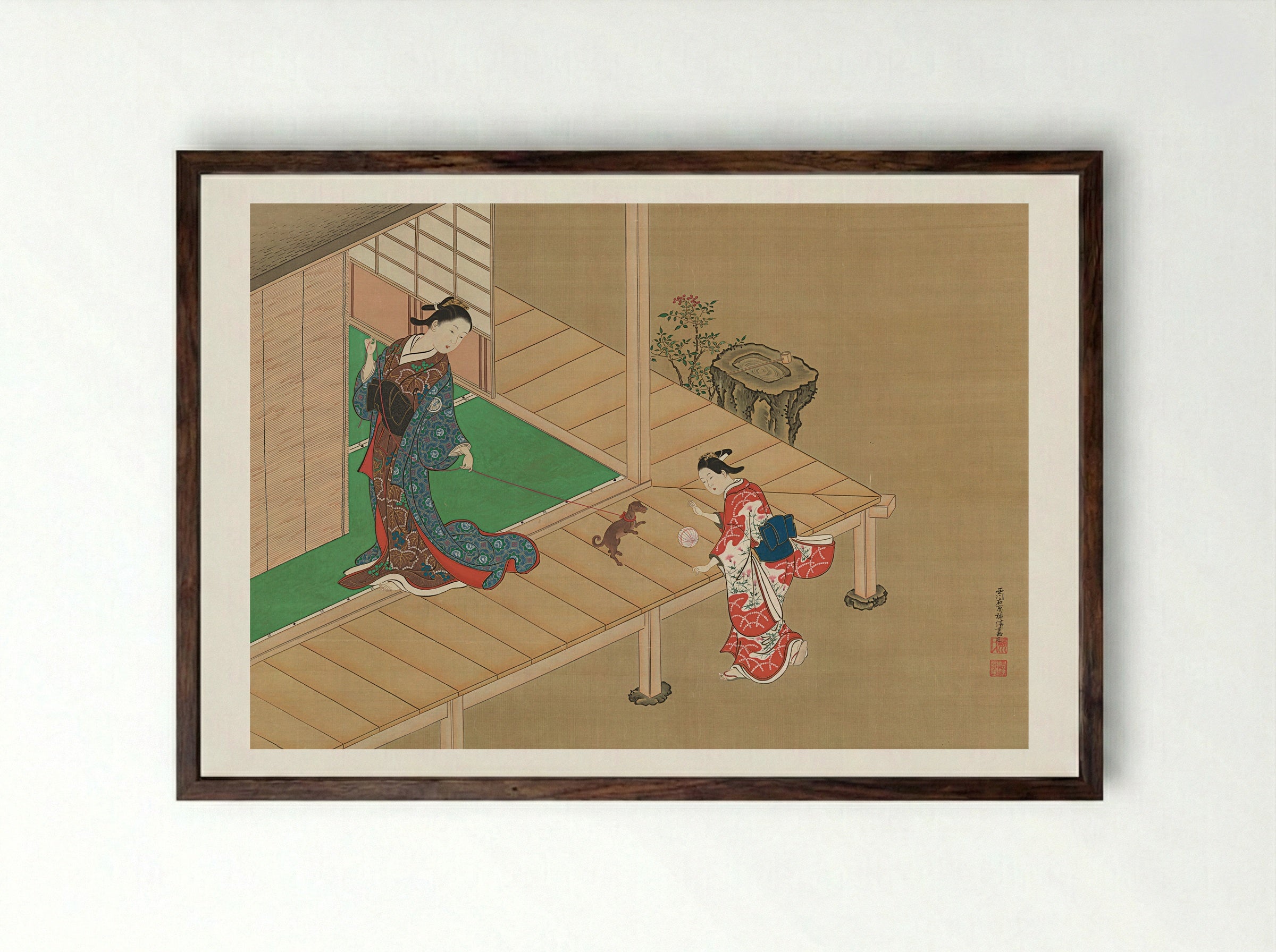 Lady Playing with a Dog on a Veranda - Nishikawa Sukenobu - Framed Print Dark Wood