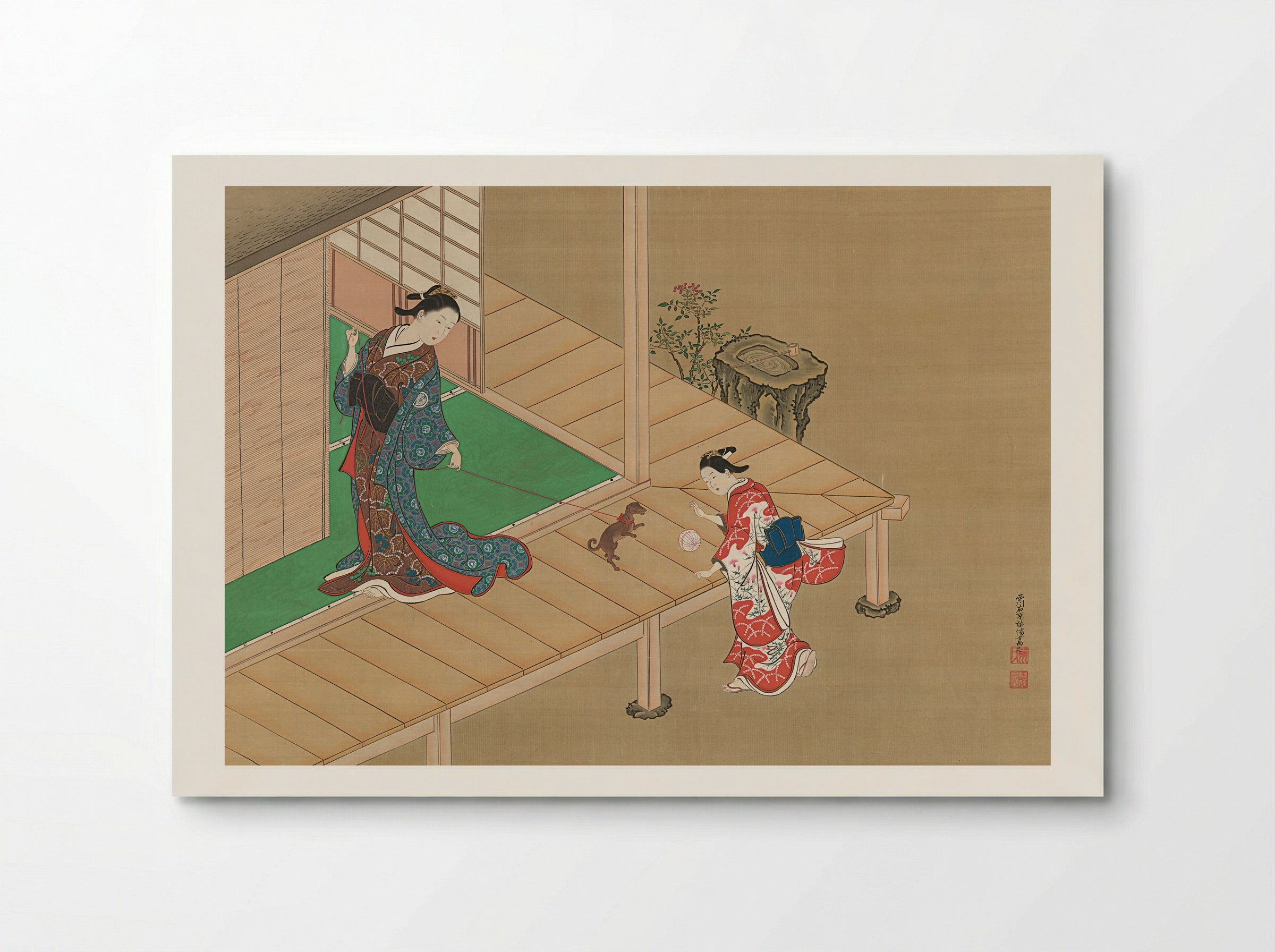 Lady Playing with a Dog on a Veranda - Nishikawa Sukenobu - Poster