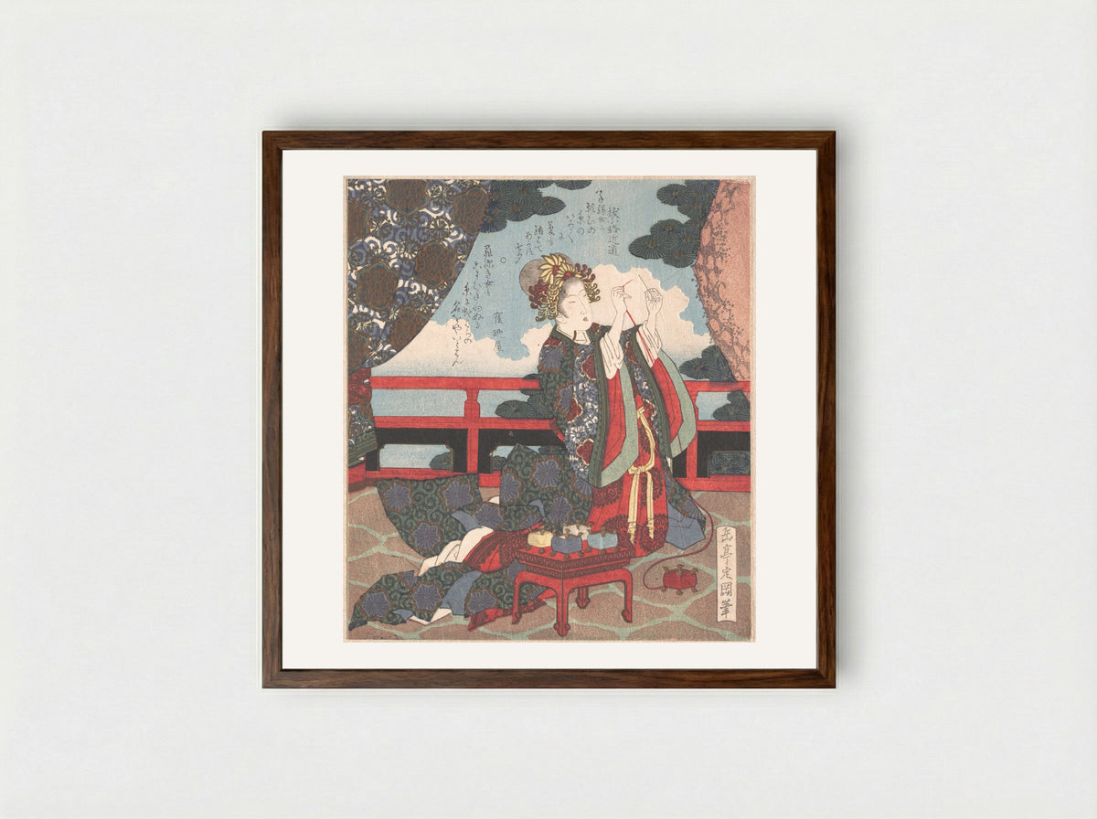 Lady Threading Needle on Verandah - Yashima Gakutei - Framed Print Dark Wood
