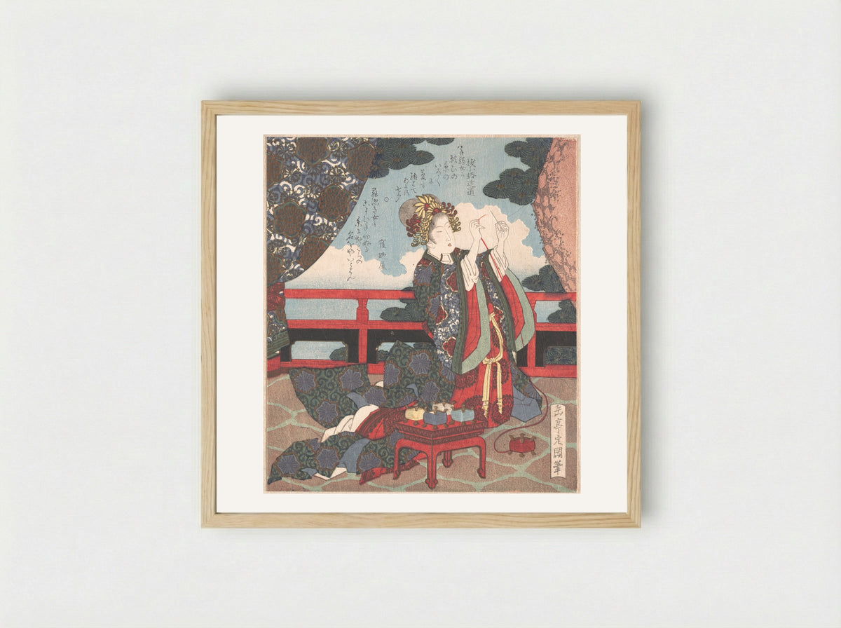 Lady Threading Needle on Verandah - Yashima Gakutei - Framed Print Wood