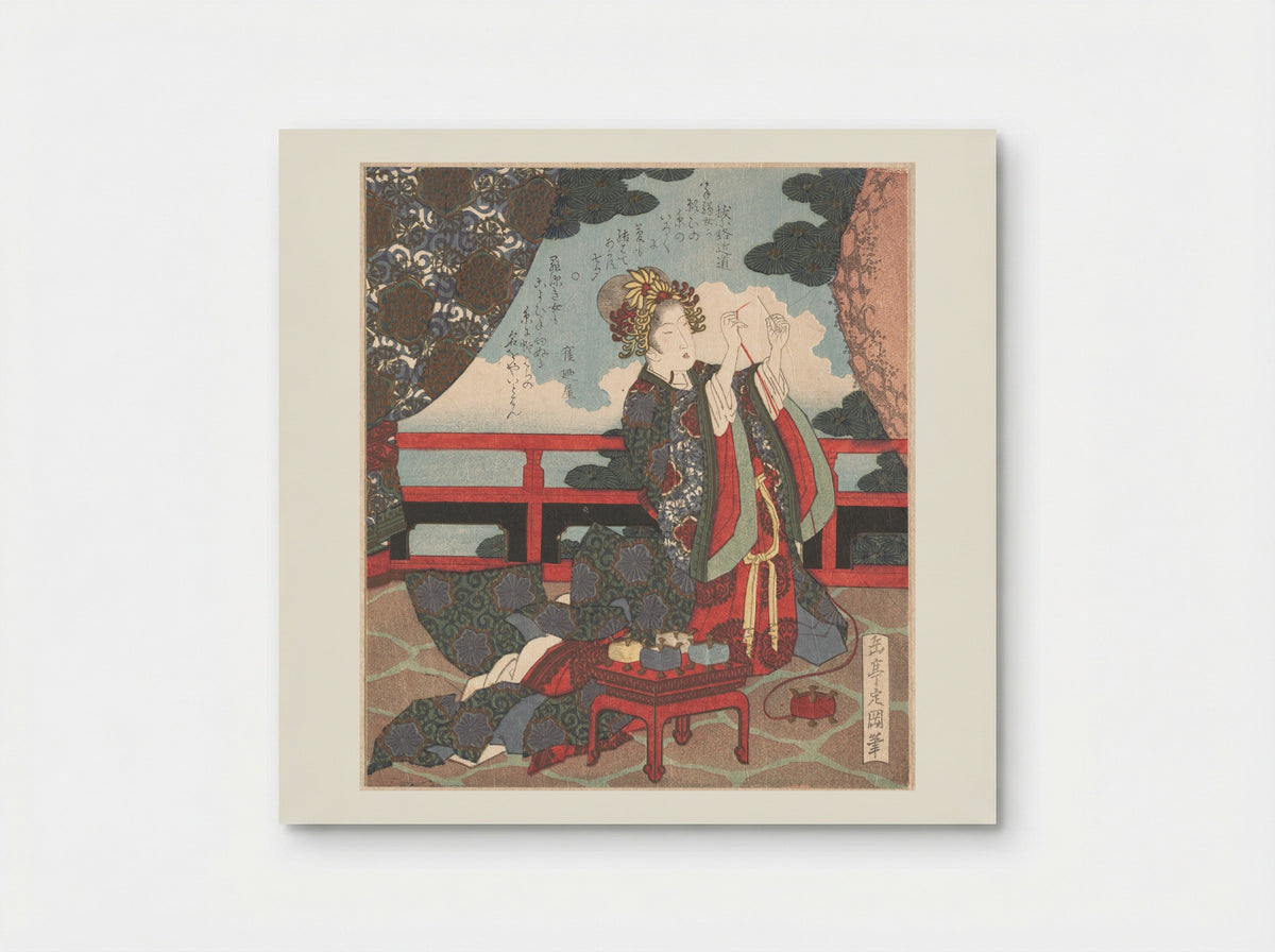 Lady Threading Needle on Verandah - Yashima Gakutei - Poster