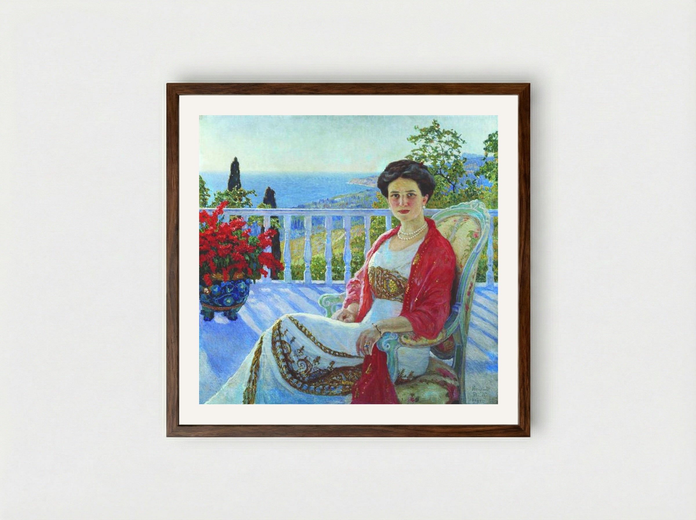 Lady on a Balcony, Koreiz - Nikolay Bogdanov-Belsky - Framed Print Dark Wood