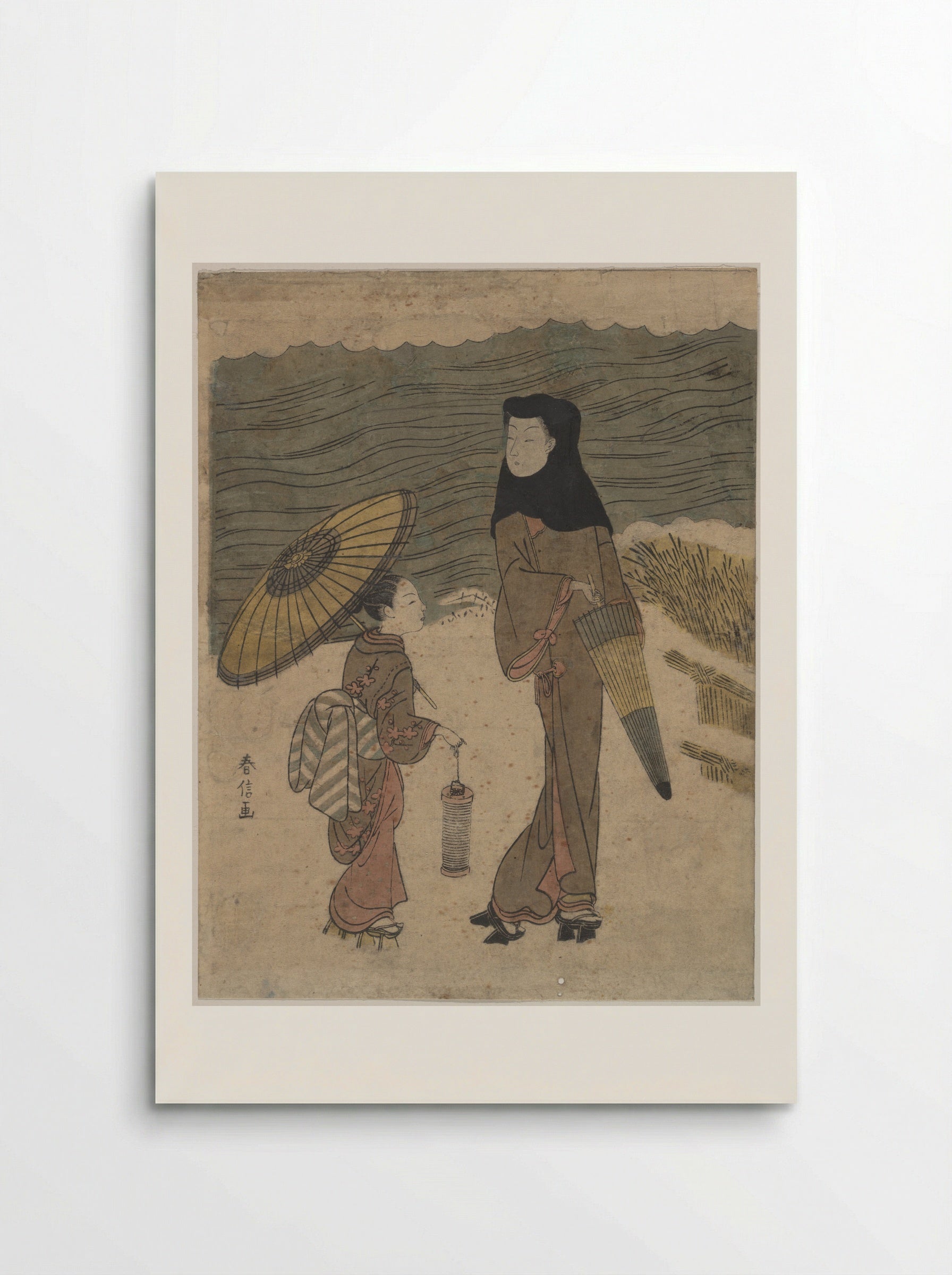 Lady with Black Hood and Umbrella Out Walking with Young Attendant - Suzuki Harunobu - Poster