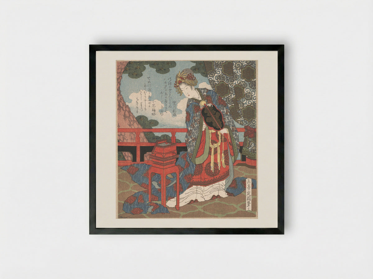 Lady with Fan Standing on Verandah - Yashima Gakutei - Framed Print Black