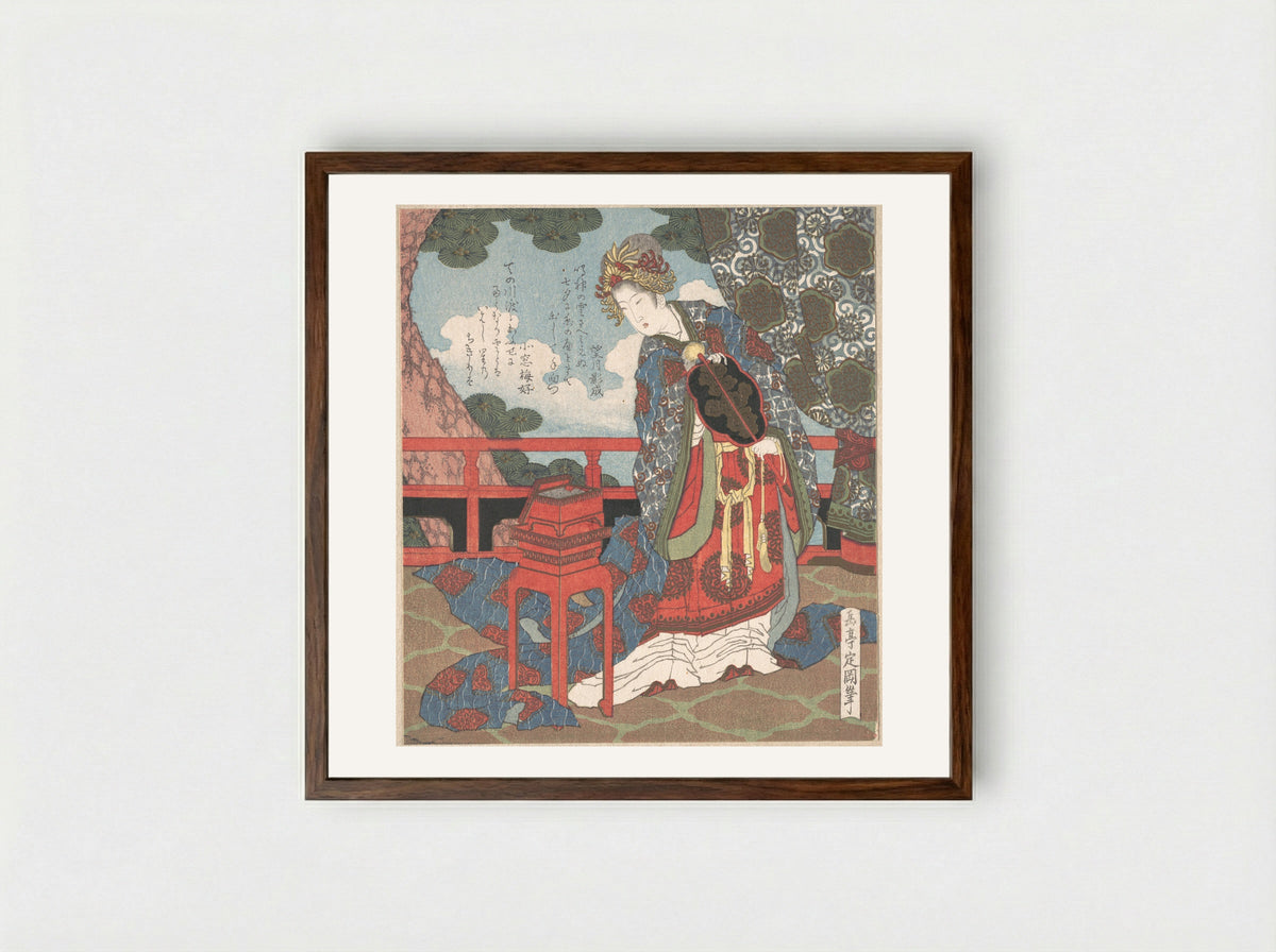Lady with Fan Standing on Verandah - Yashima Gakutei - Framed Print Dark Wood