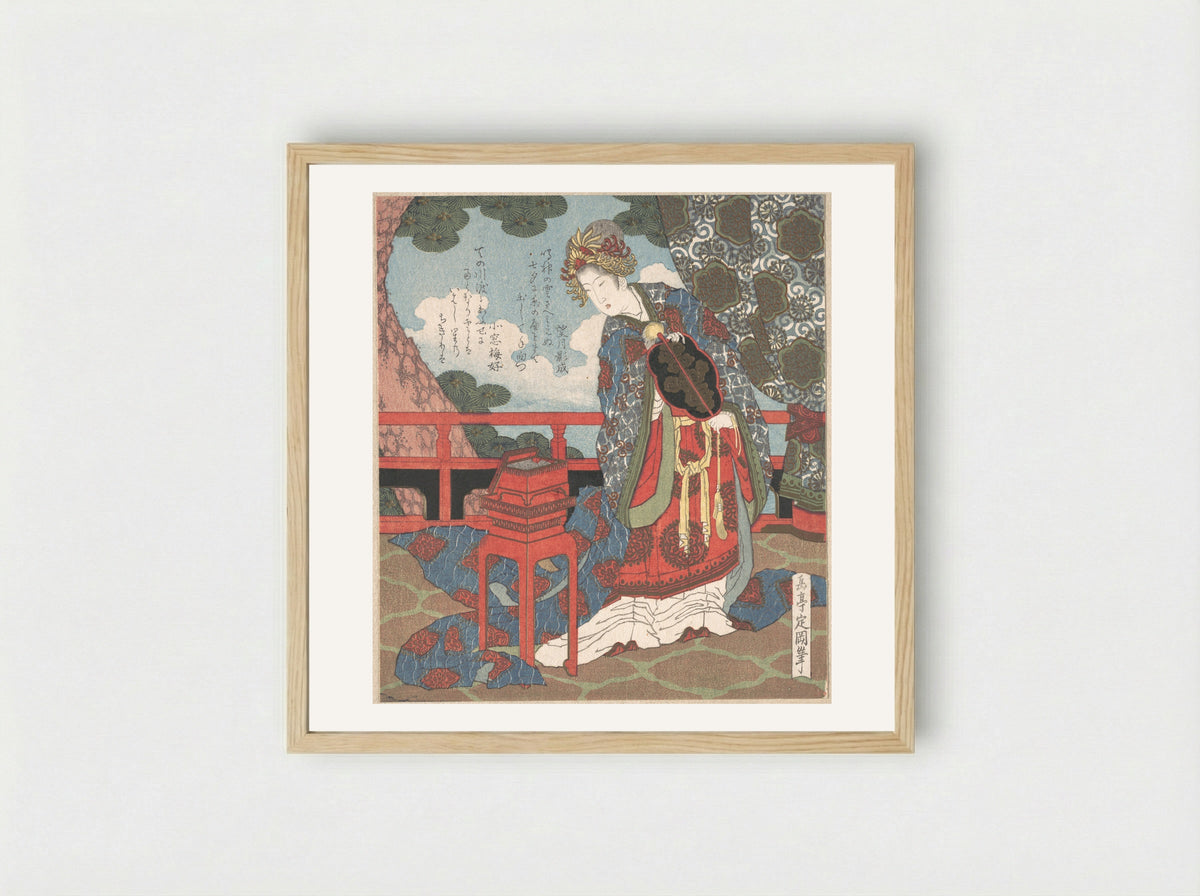 Lady with Fan Standing on Verandah - Yashima Gakutei - Framed Print Wood