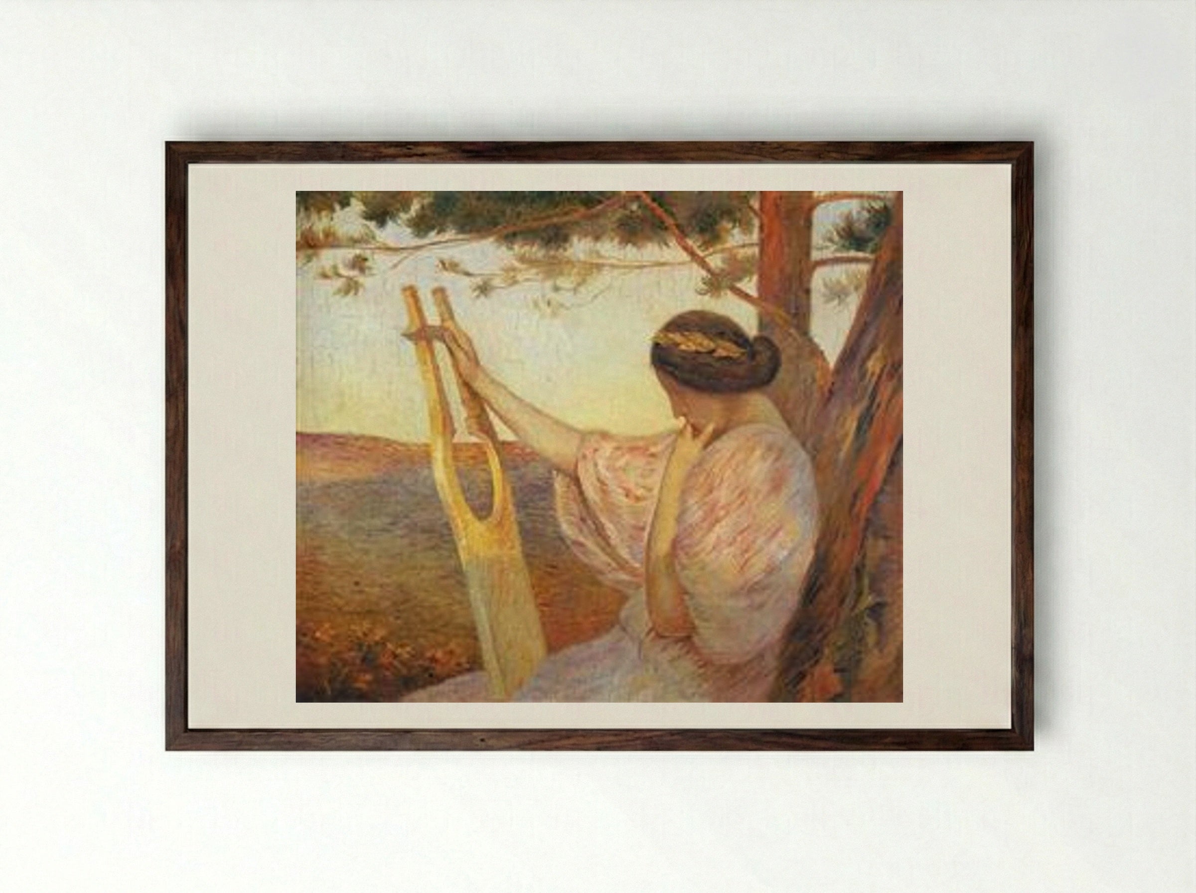 Lady with Lyre by Pine Trees - Henri Martin - Framed Print Dark Wood