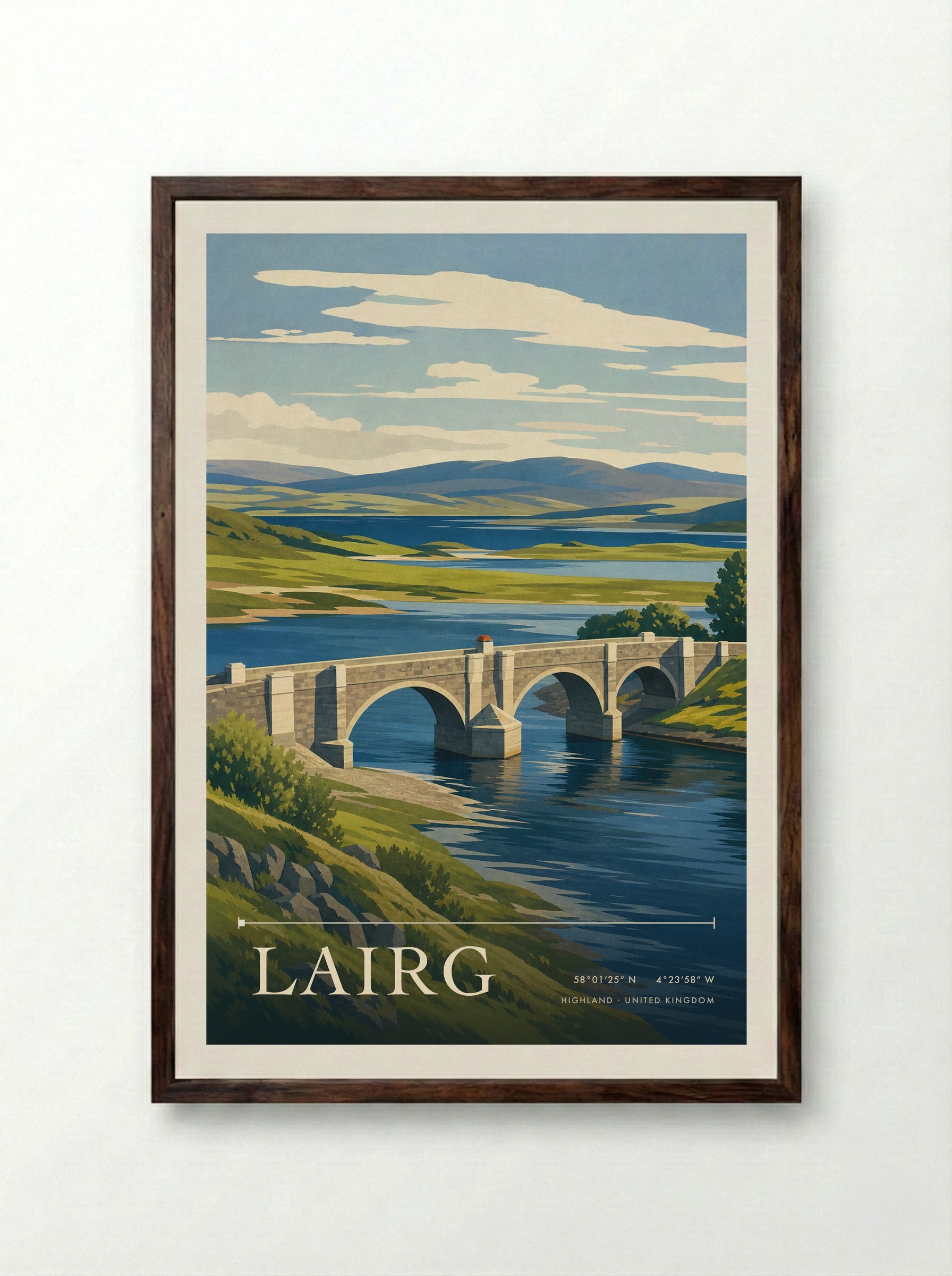 Lairg Highland United Kingdom Travel Poster - Framed Print Dark Wood