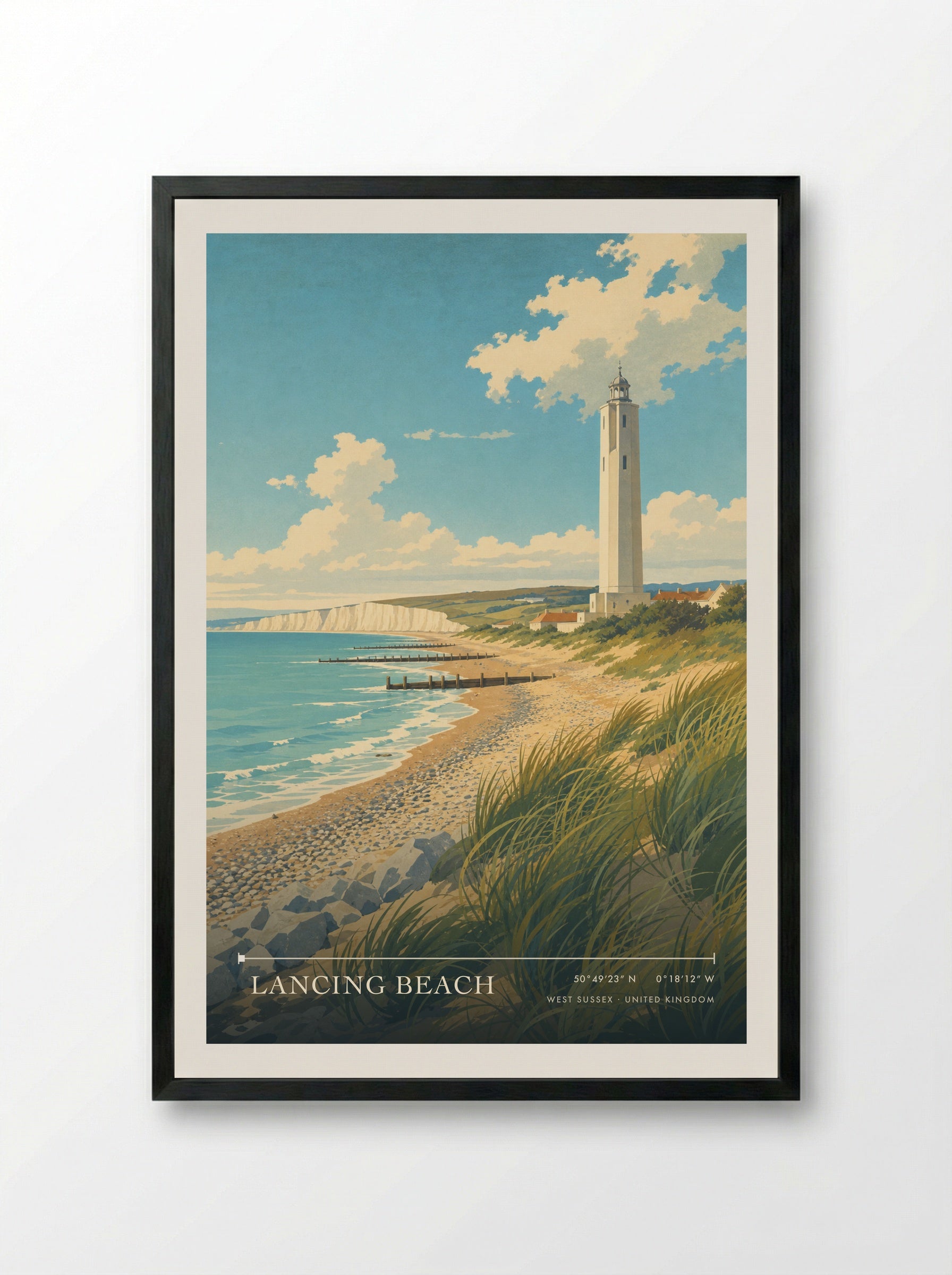Lancing Beach West Sussex United Kingdom Travel Poster - Framed Print Black