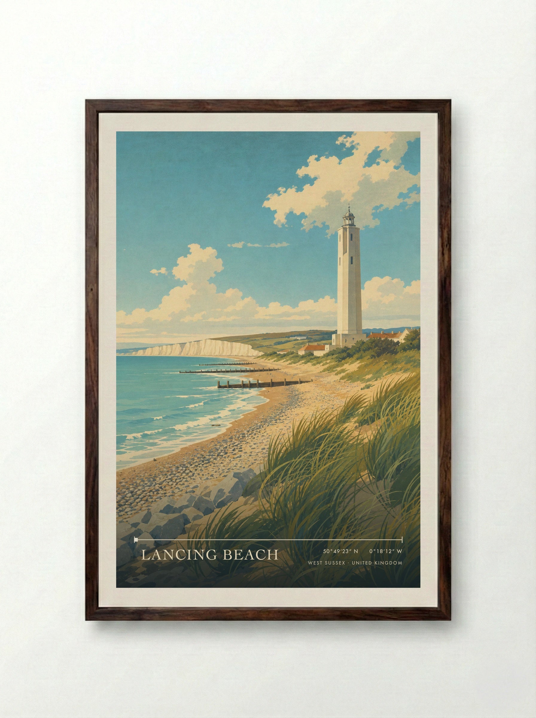 Lancing Beach West Sussex United Kingdom Travel Poster - Framed Print Dark Wood