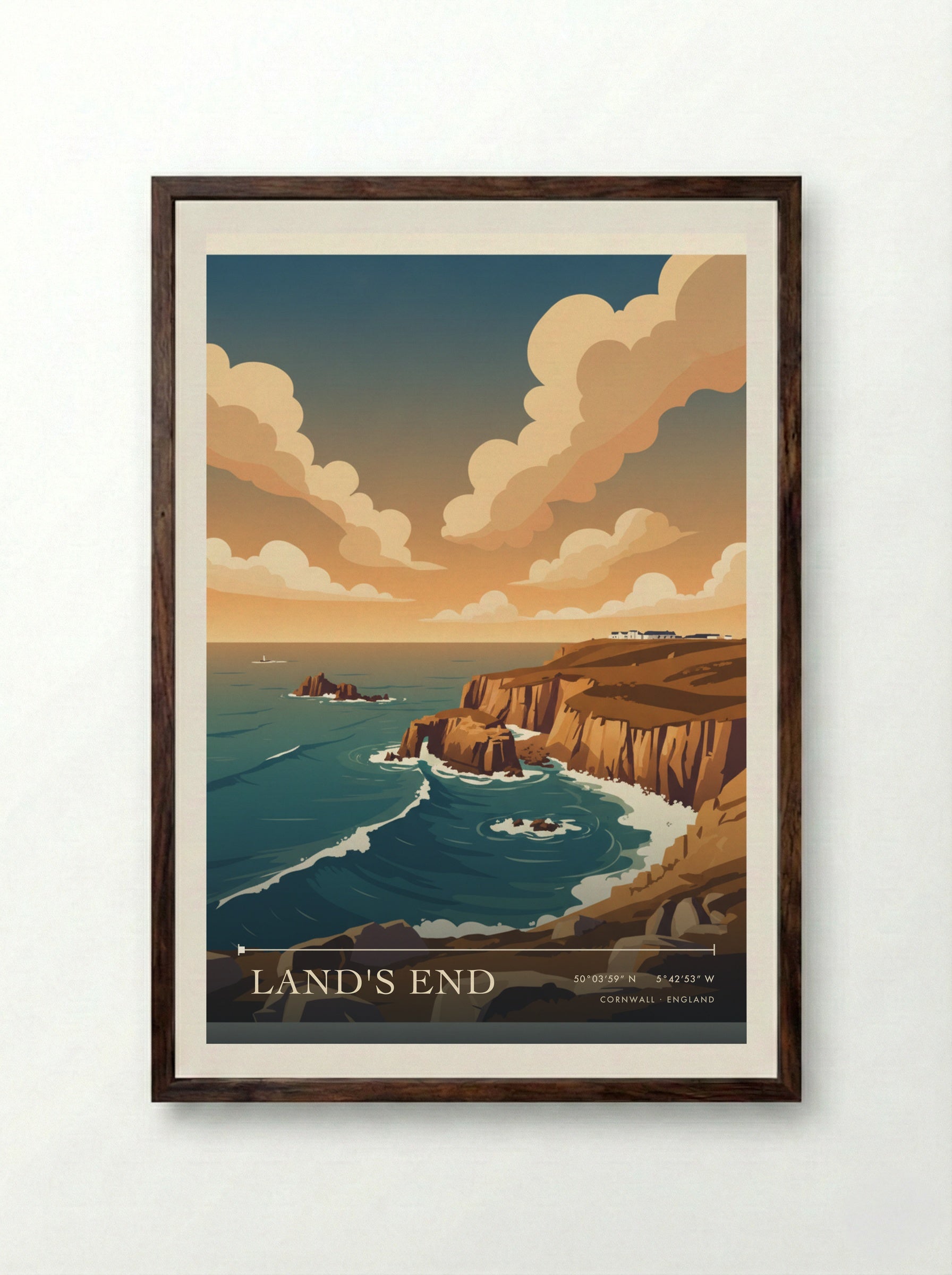 Land's End Cornwall England Travel Poster - Framed Print Dark Wood