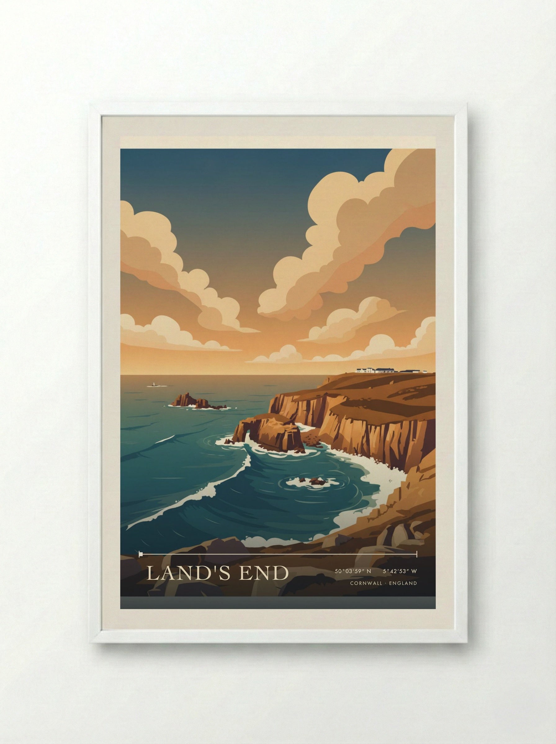 Land's End Cornwall England Travel Poster - Framed Print White