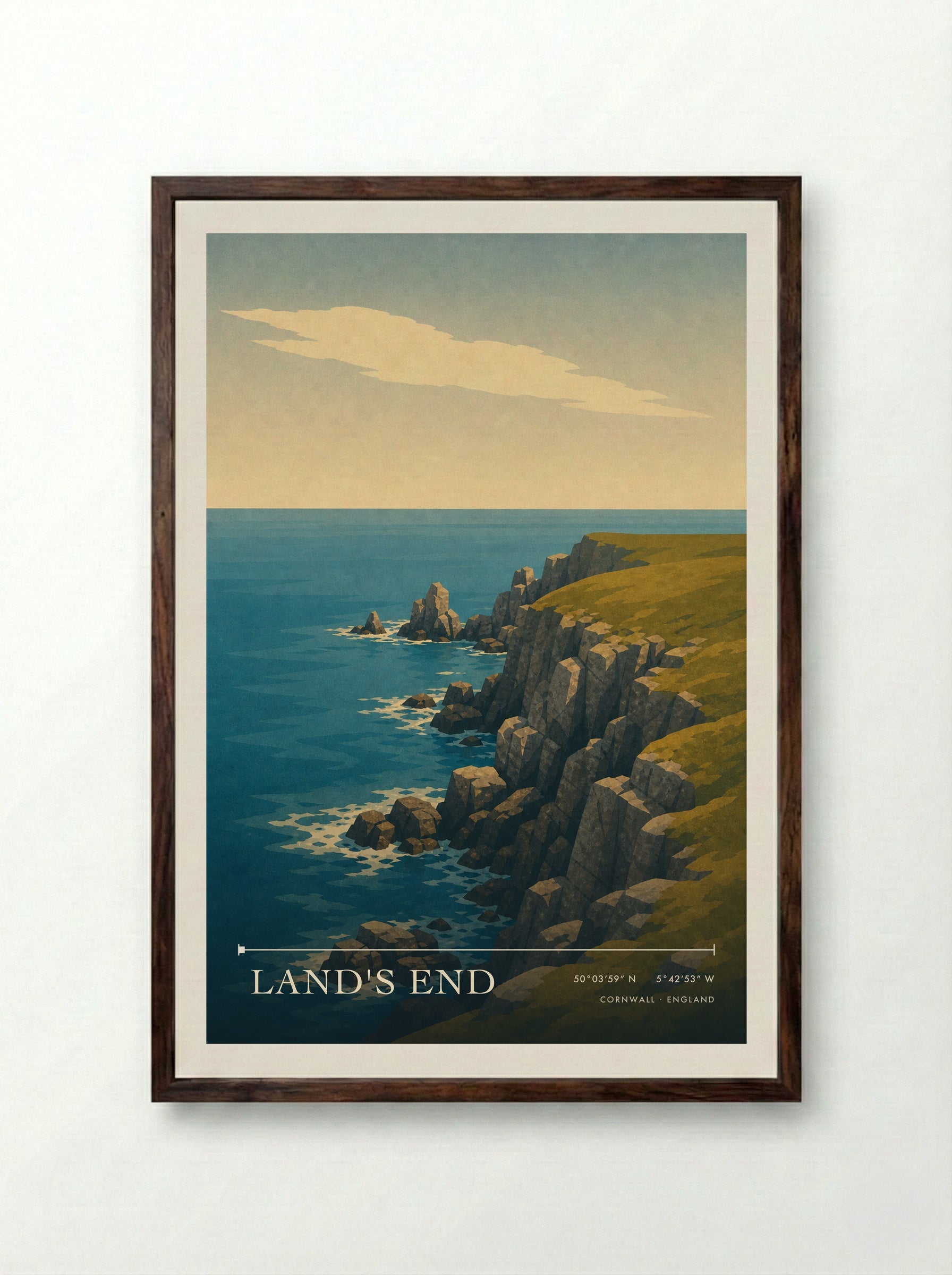 Land's End Travel Poster Artwork - Framed Print Dark Wood