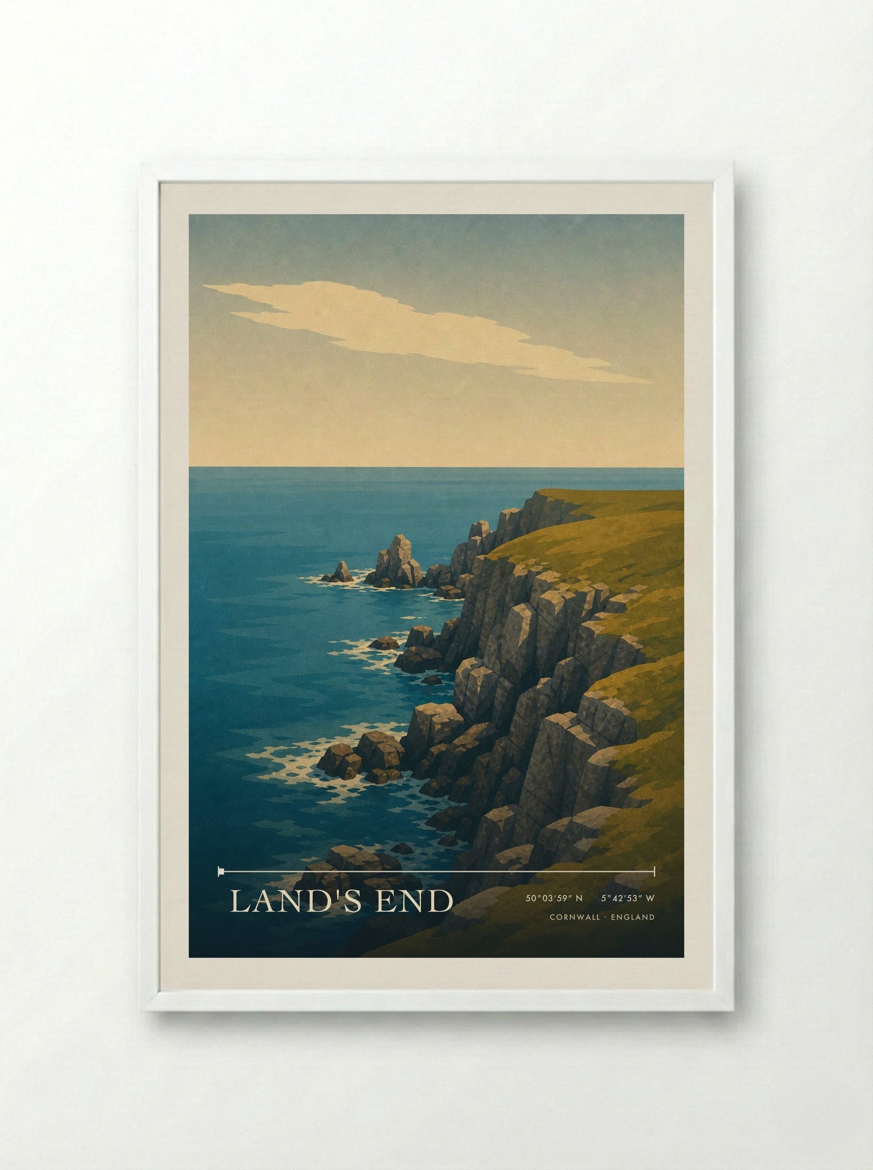 Land's End Travel Poster Artwork - Framed Print White