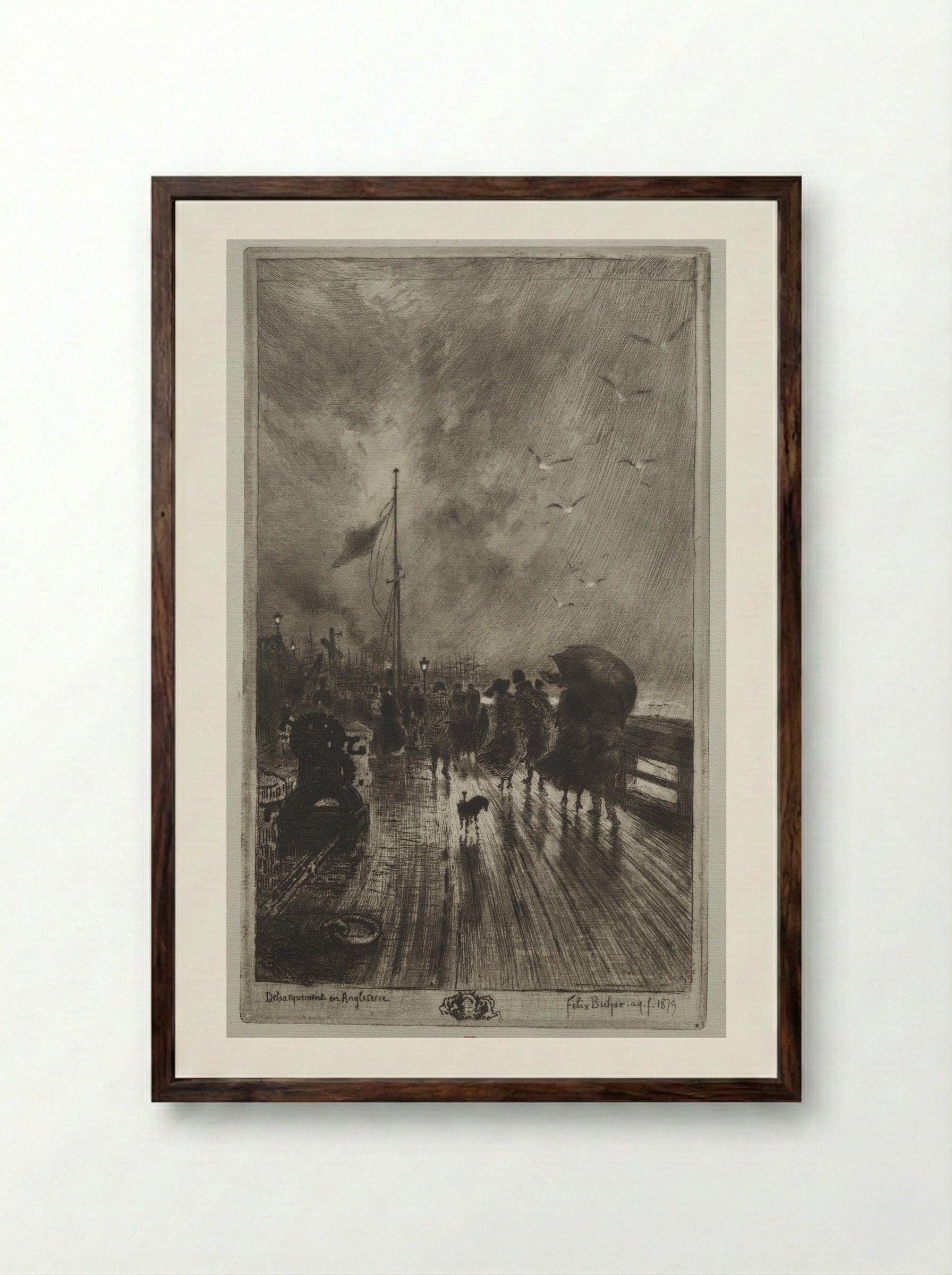 Landing in England - Félix Hilaire Buhot - Framed Print Dark Wood