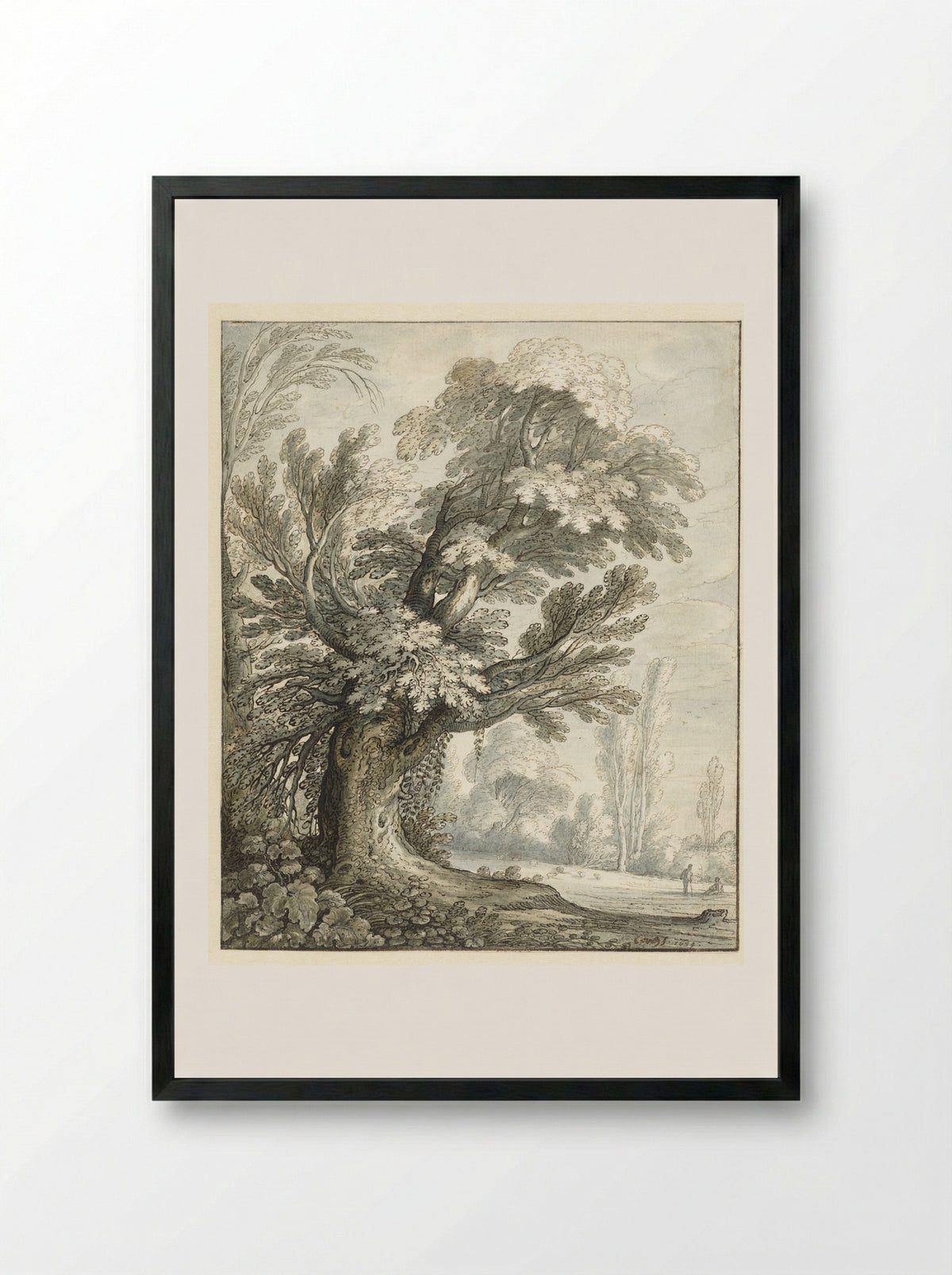 Landscap met een hoge boom - Marten de Cock - Framed Print Black