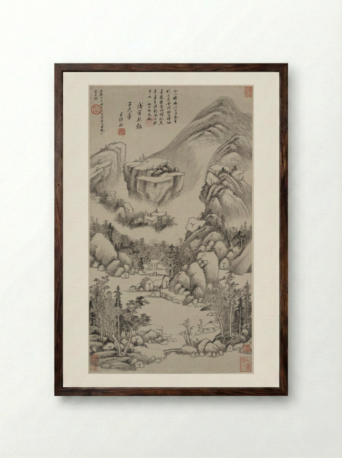Landscape in the style of Huang Gongwang - Wang Shimin - Framed Print Dark Wood
