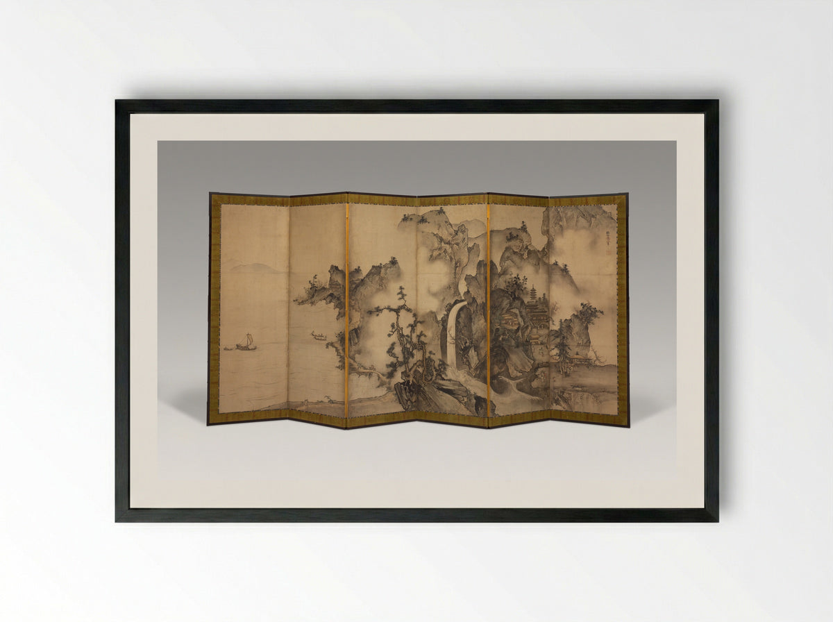 Landscape of the Four Seasons - Sesson Shukei - Framed Print Black