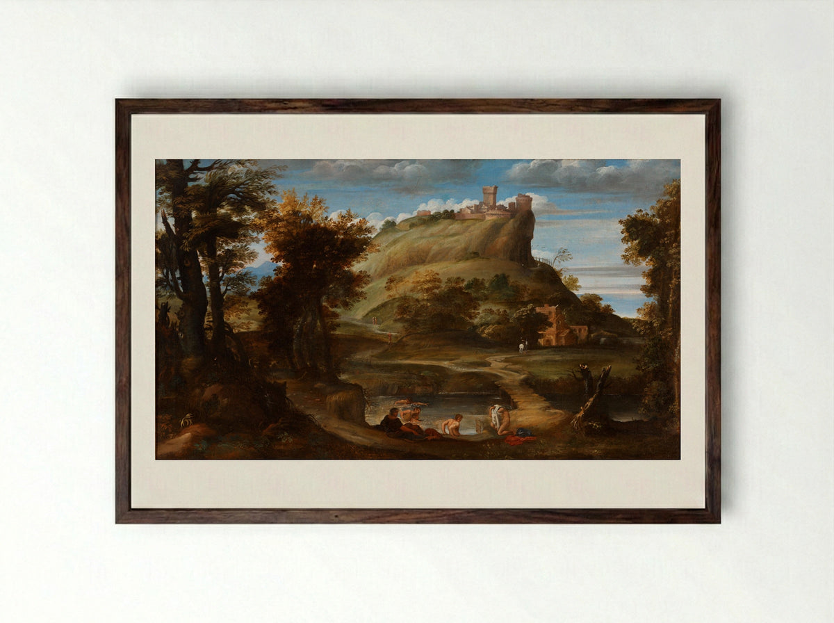 Landscape with Bathers - Domenichino - Framed Print Dark Wood