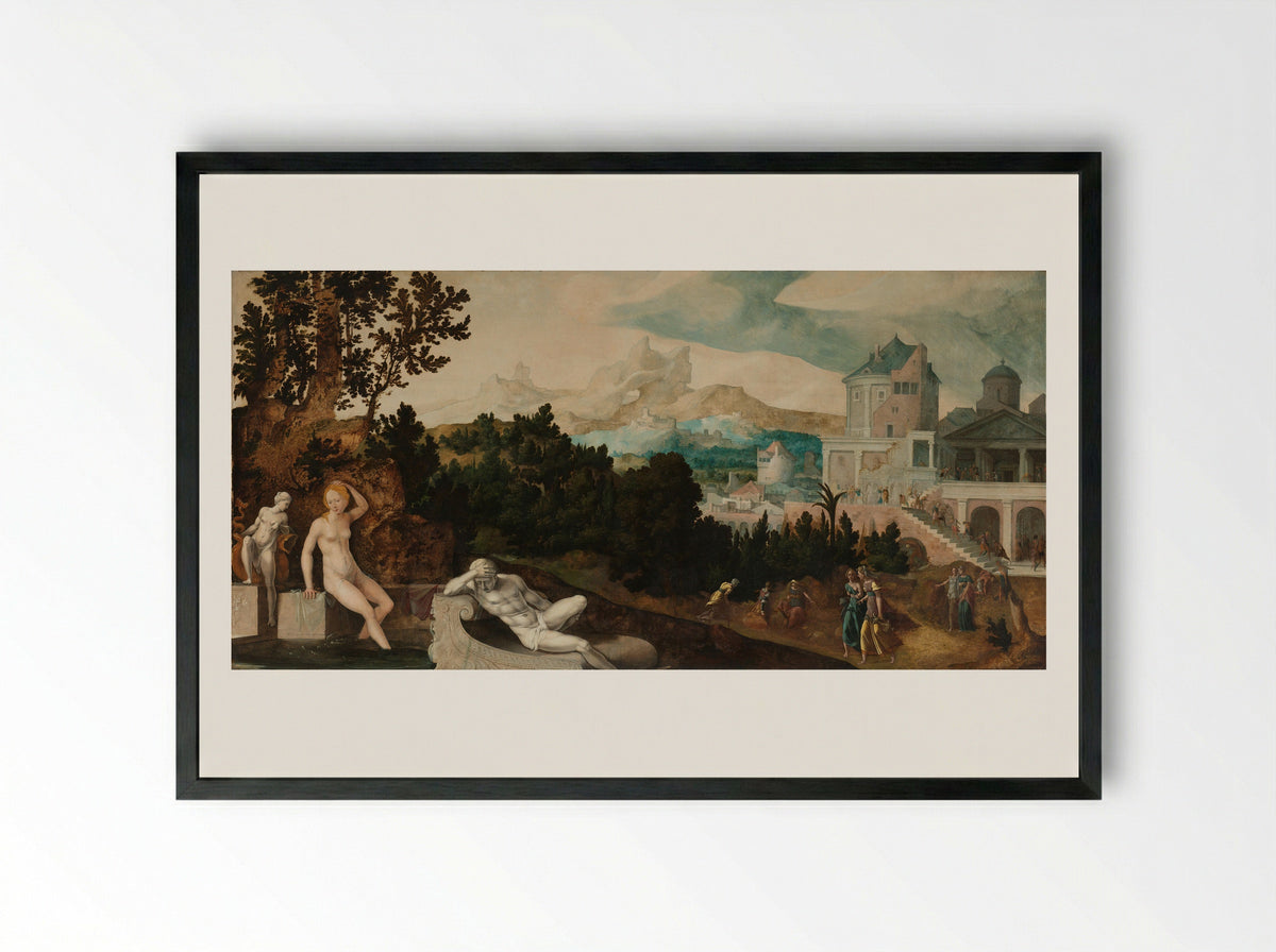 Landscape with Bathsheba - Jan van Scorel - Framed Print Black