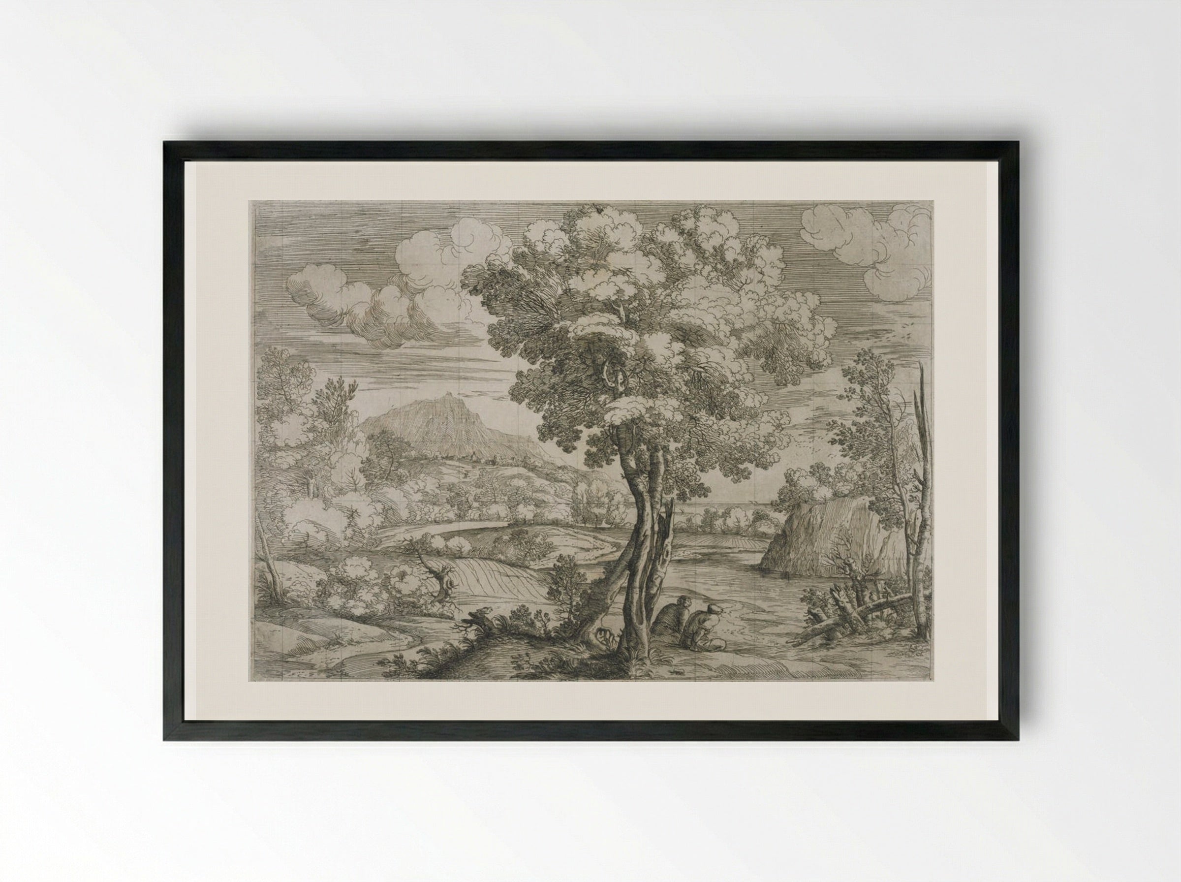 Landscape with Bird Perched on a Tree Stump - Giovanni Francesco Grimaldi - Framed Print Black