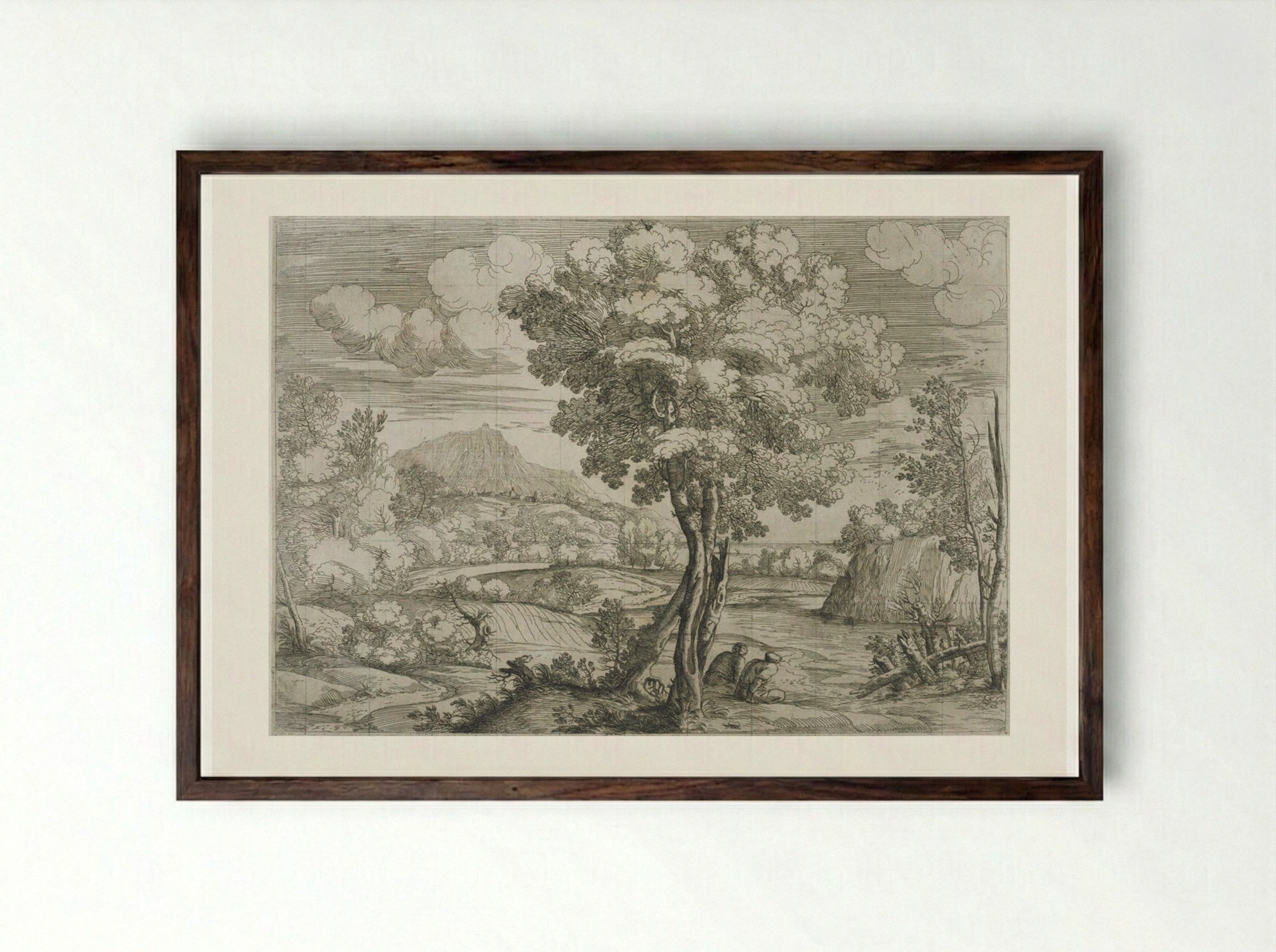 Landscape with Bird Perched on a Tree Stump - Giovanni Francesco Grimaldi - Framed Print Dark Wood