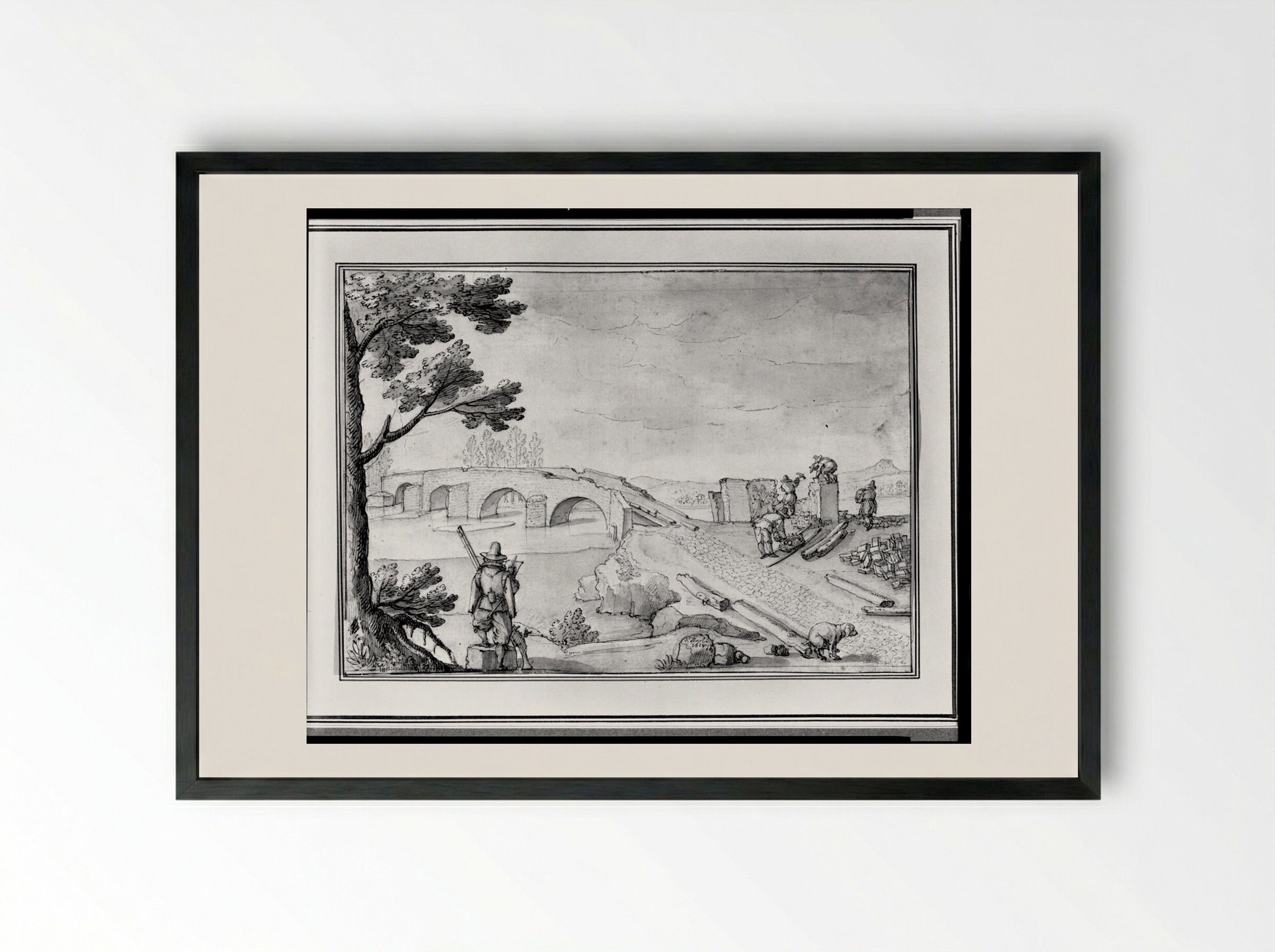 Landscape with Bridge, Workers, Surveyor - Remigio Cantagallina - Framed Print Black