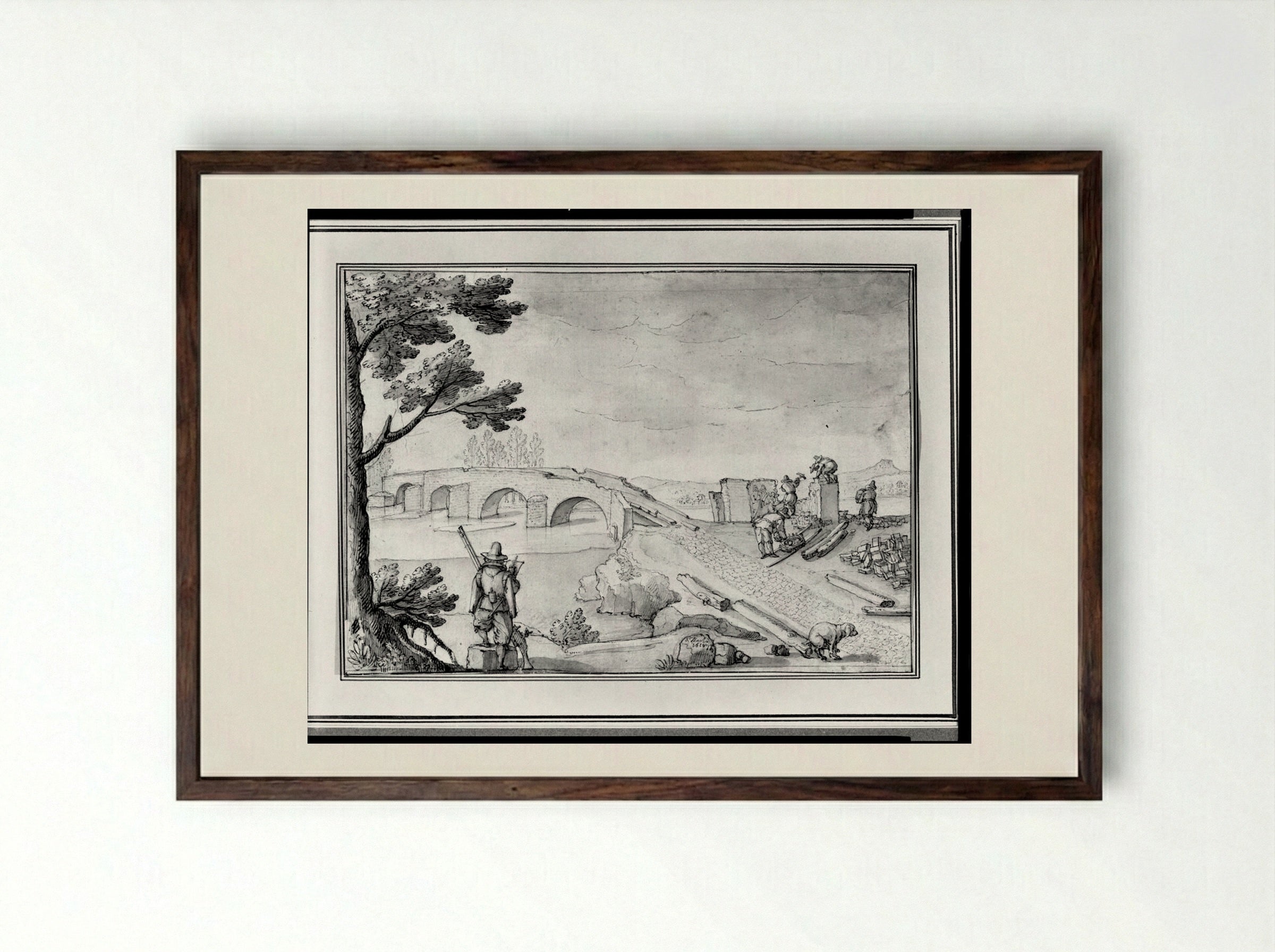 Landscape with Bridge, Workers, Surveyor - Remigio Cantagallina - Framed Print Dark Wood
