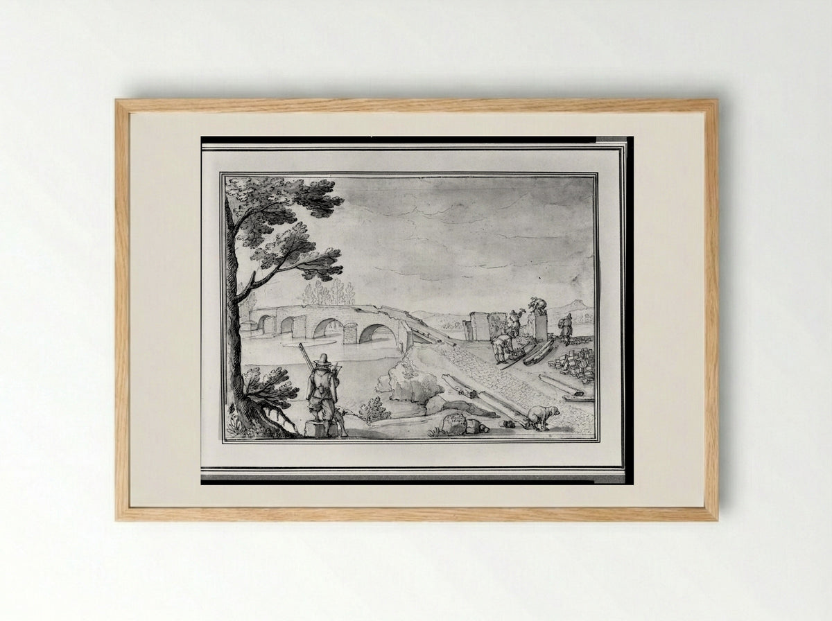 Landscape with Bridge, Workers, Surveyor - Remigio Cantagallina - Framed Print Wood