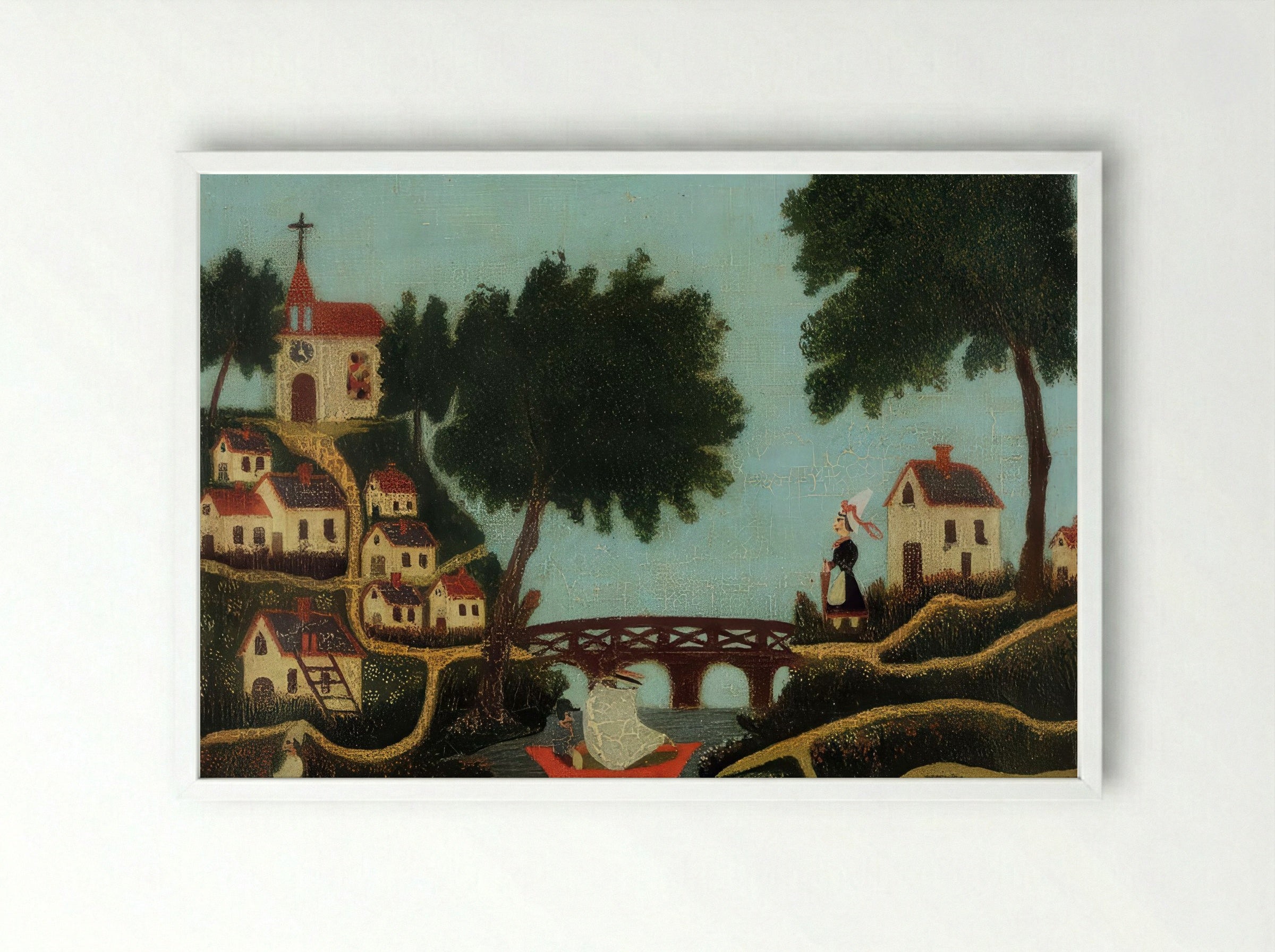 Landscape with Bridge by Henri Rousseau – Naïve Art River Scene Print - Framed Print White