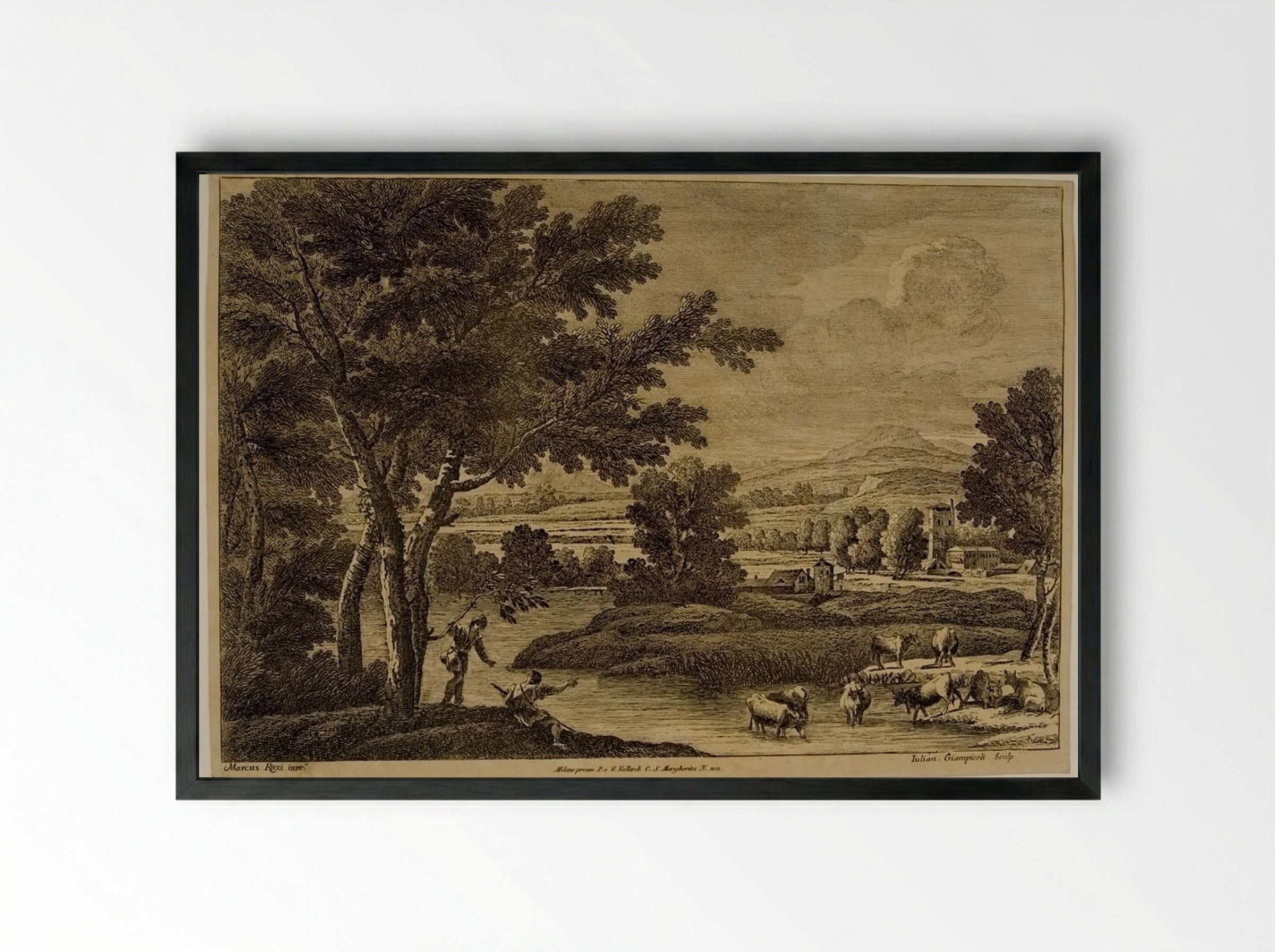 Landscape with Cattle - Giuliano Giampiccoli - Framed Print Black