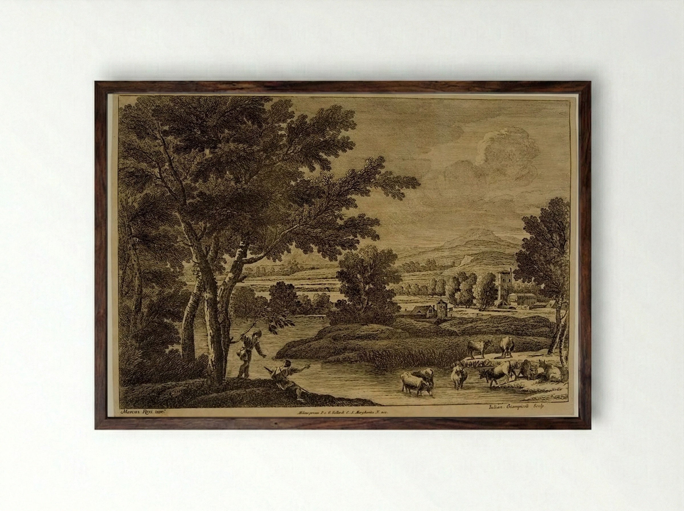 Landscape with Cattle - Giuliano Giampiccoli - Framed Print Dark Wood