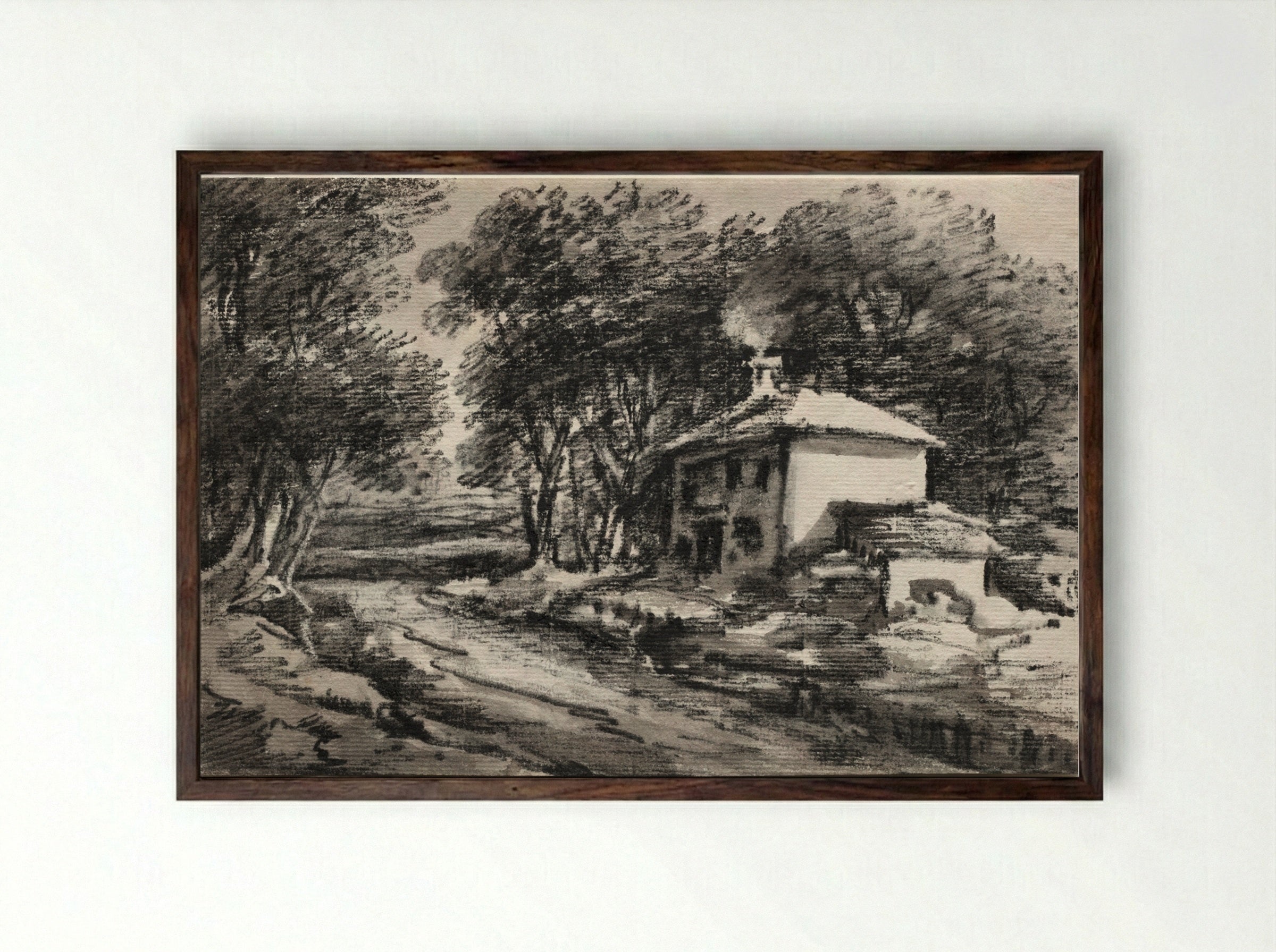 Landscape with Cottage (recto) - Thomas Monro - Framed Print Dark Wood