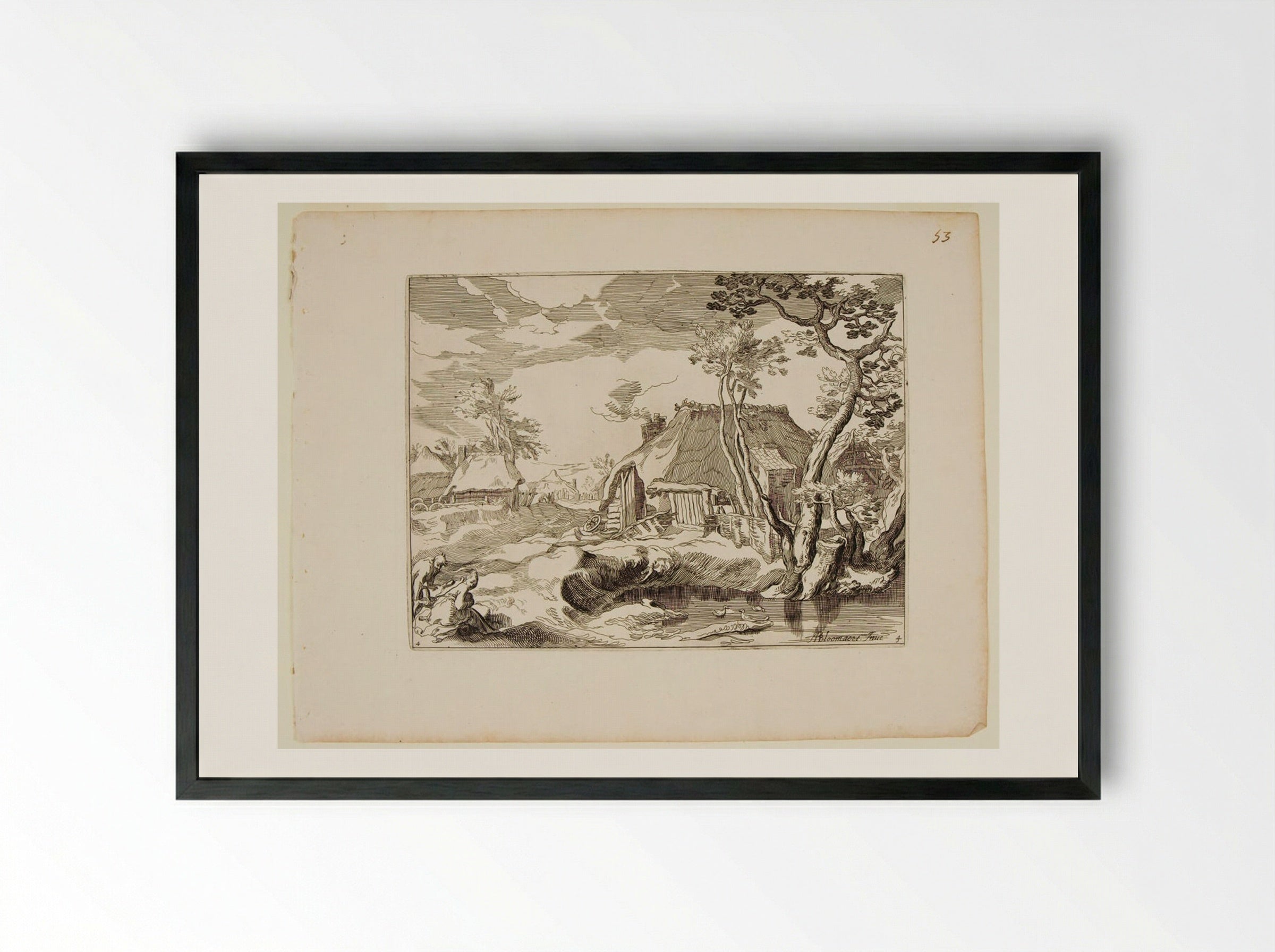 Landscape with Cottages and Two Figures - Boetius Adamsz. Bolswert - Framed Print Black