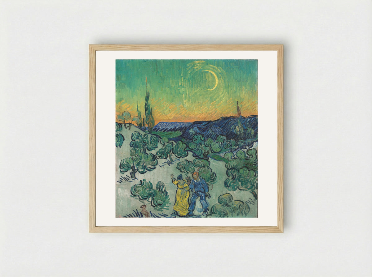 Landscape with Couple Walking and Crescent Moon - Vincent van Gogh - Framed Print Wood