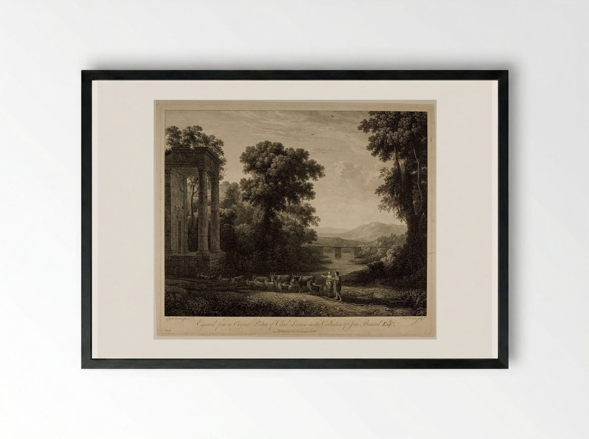 Landscape with Cows and Goats, a Shepherd and Shepherdess - François Vivares - Framed Print Black