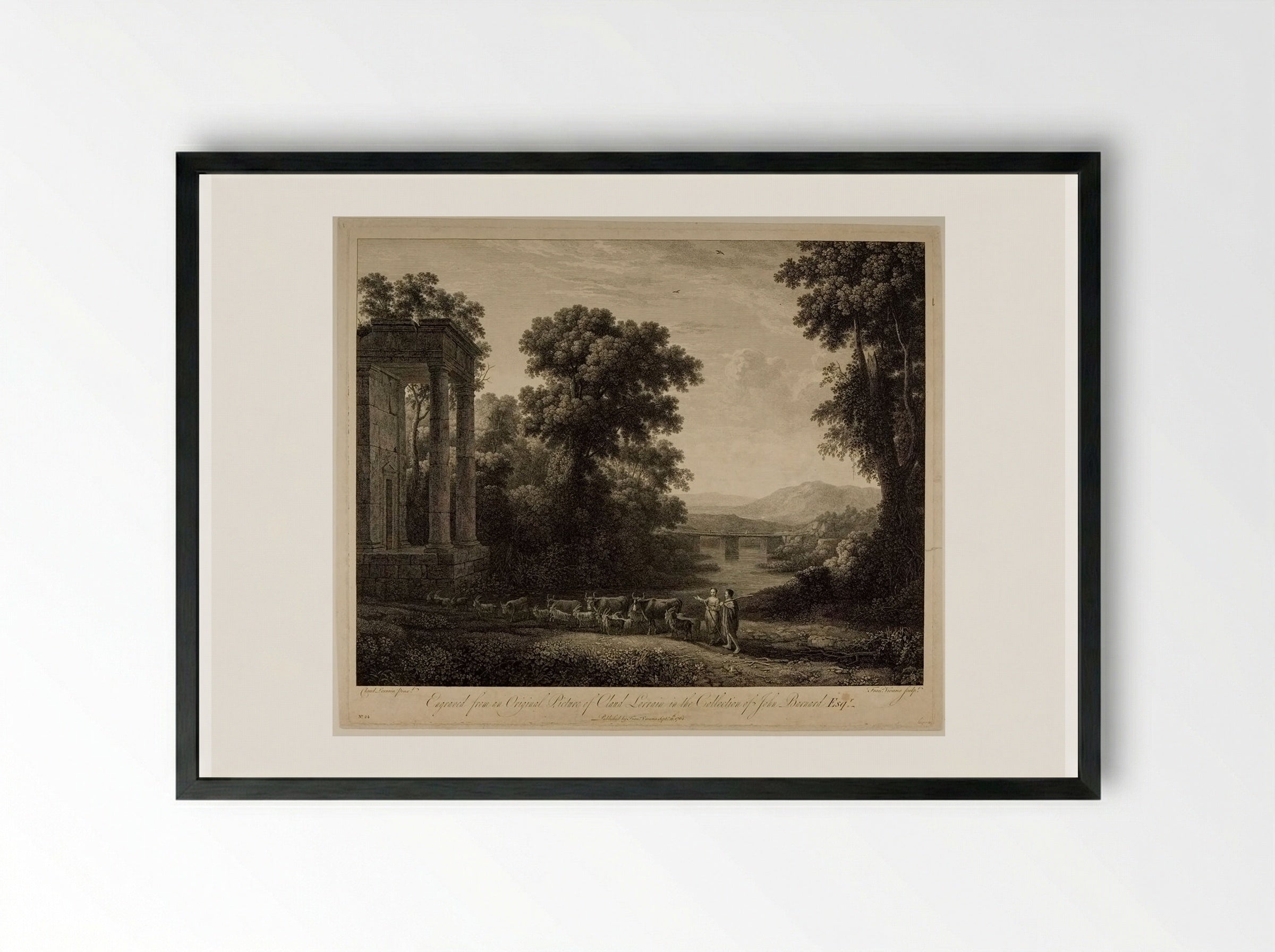 Landscape with Cows and Goats, a Shepherd and Shepherdess - François Vivares - Framed Print Black