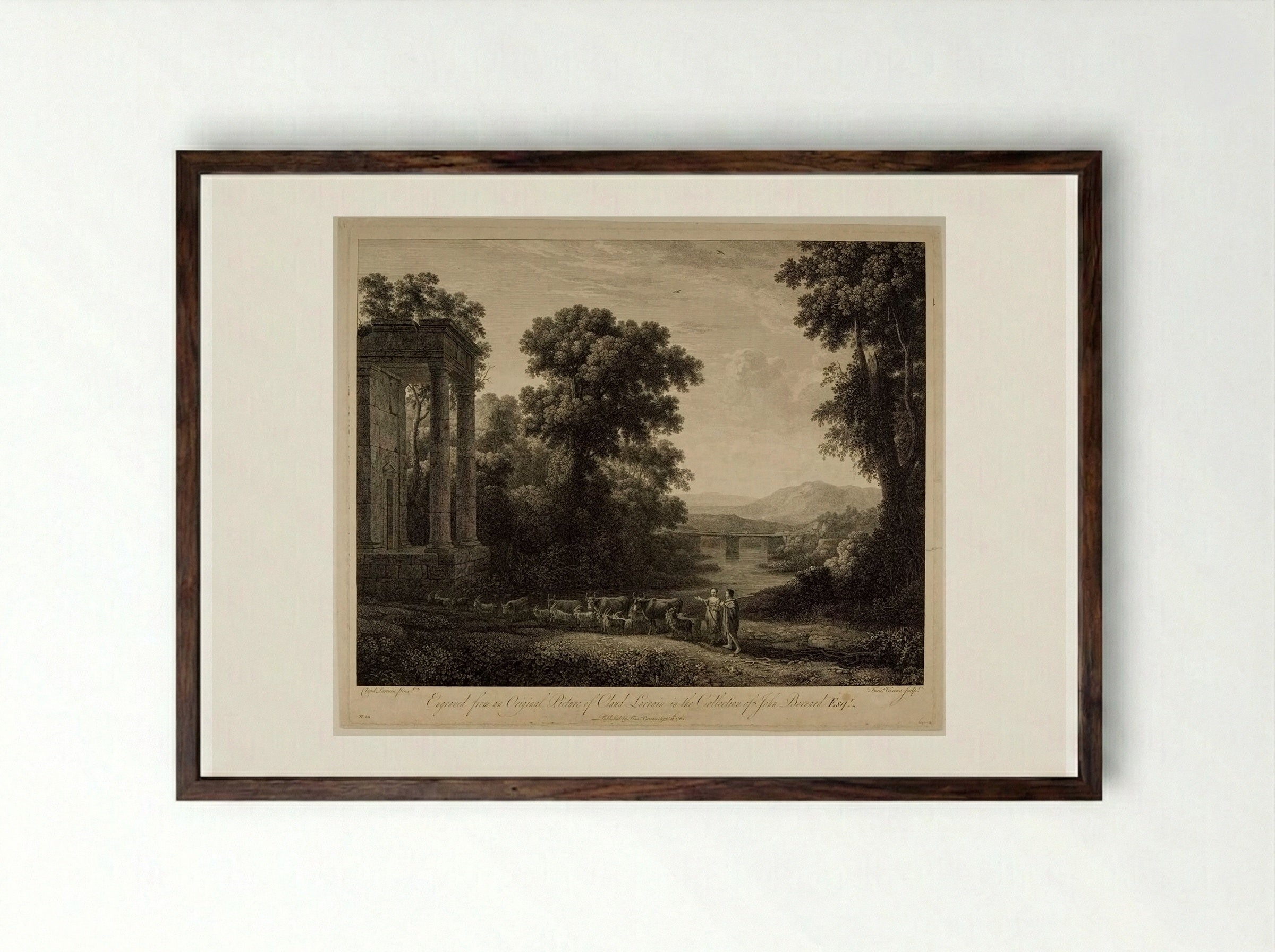 Landscape with Cows and Goats, a Shepherd and Shepherdess - François Vivares - Framed Print Dark Wood