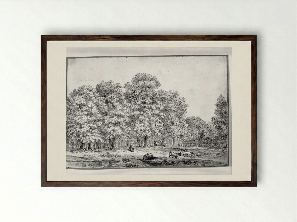 Landscape with Cows - Ferdinand Kobell - Framed Print Dark Wood