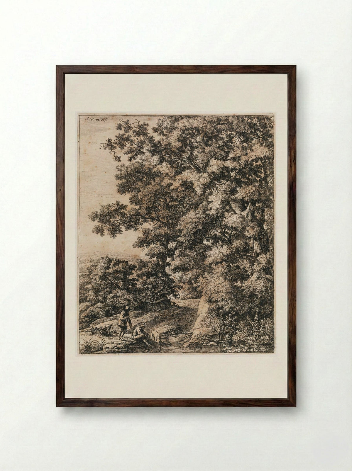 Landscape with Dog Drinking from a Stream - Anthonie Waterloo - Framed Print Dark Wood