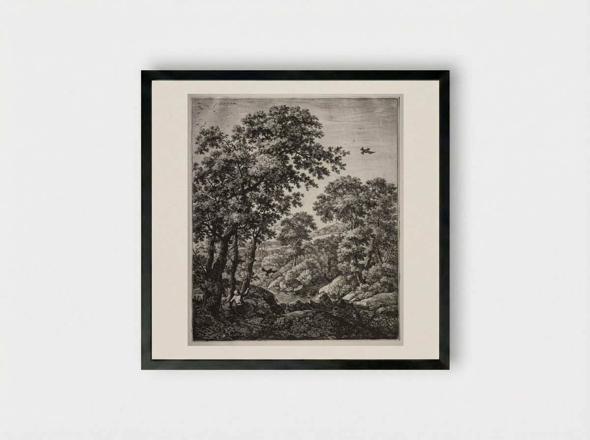 Landscape with Elijah Fed by Ravens - Anthonie Waterloo - Framed Print Black