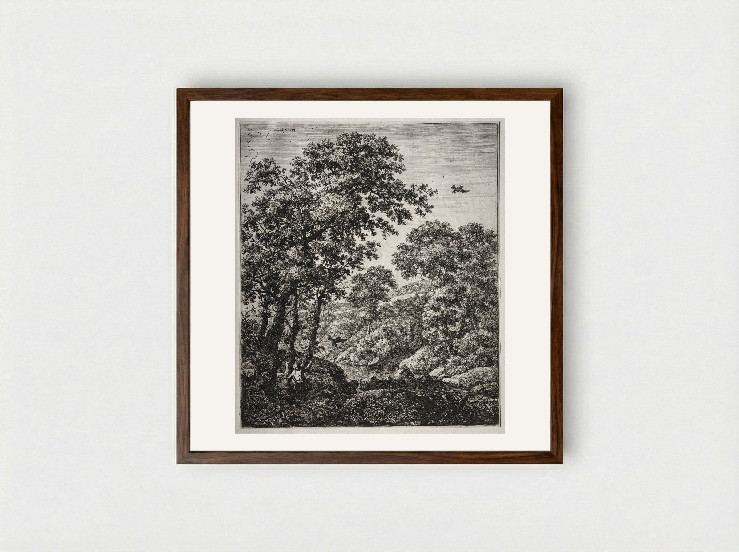 Landscape with Elijah Fed by Ravens - Anthonie Waterloo - Framed Print Dark Wood