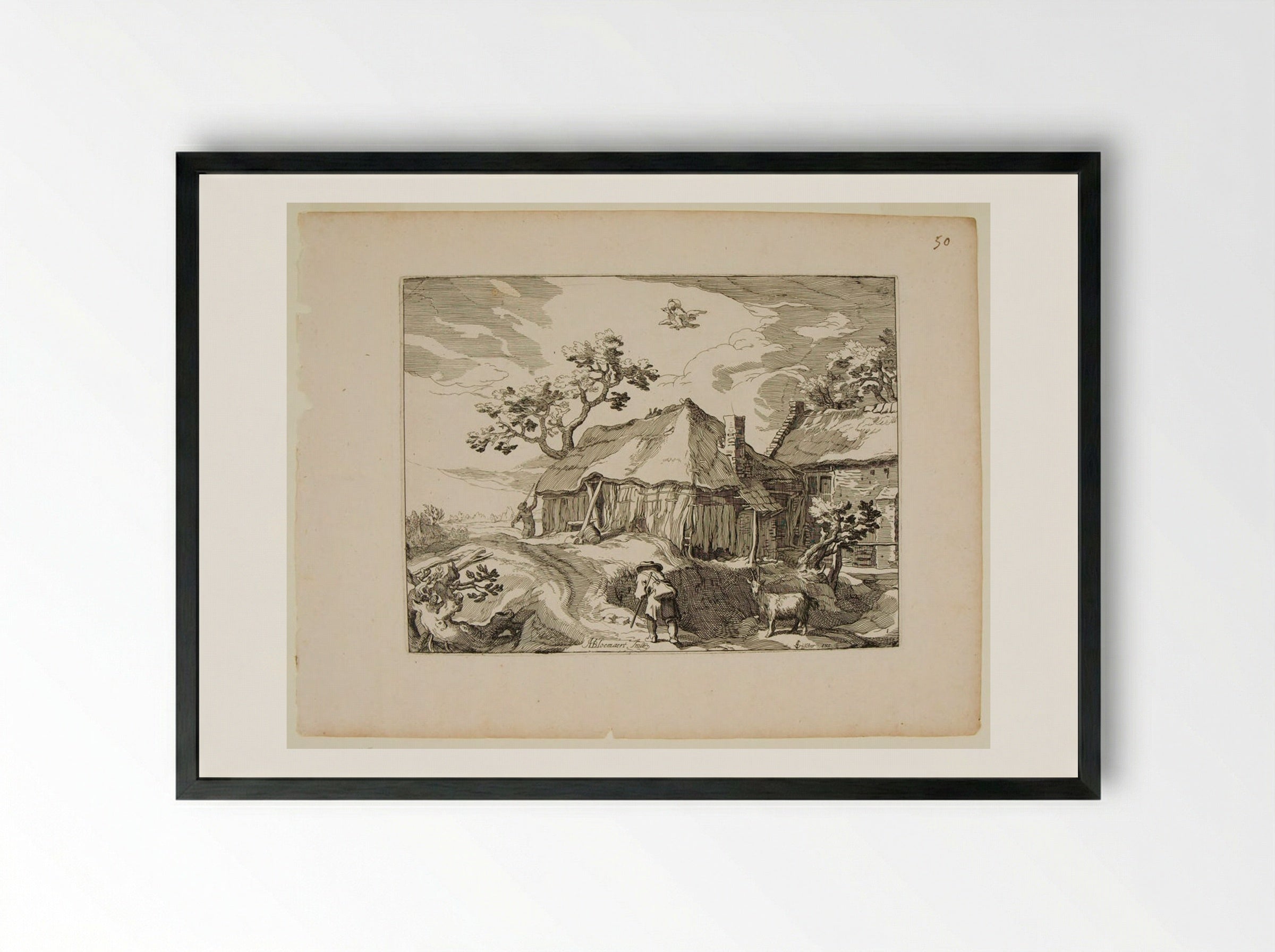 Landscape with Farmhouse and Figures - Boetius Adamsz. Bolswert - Framed Print Black