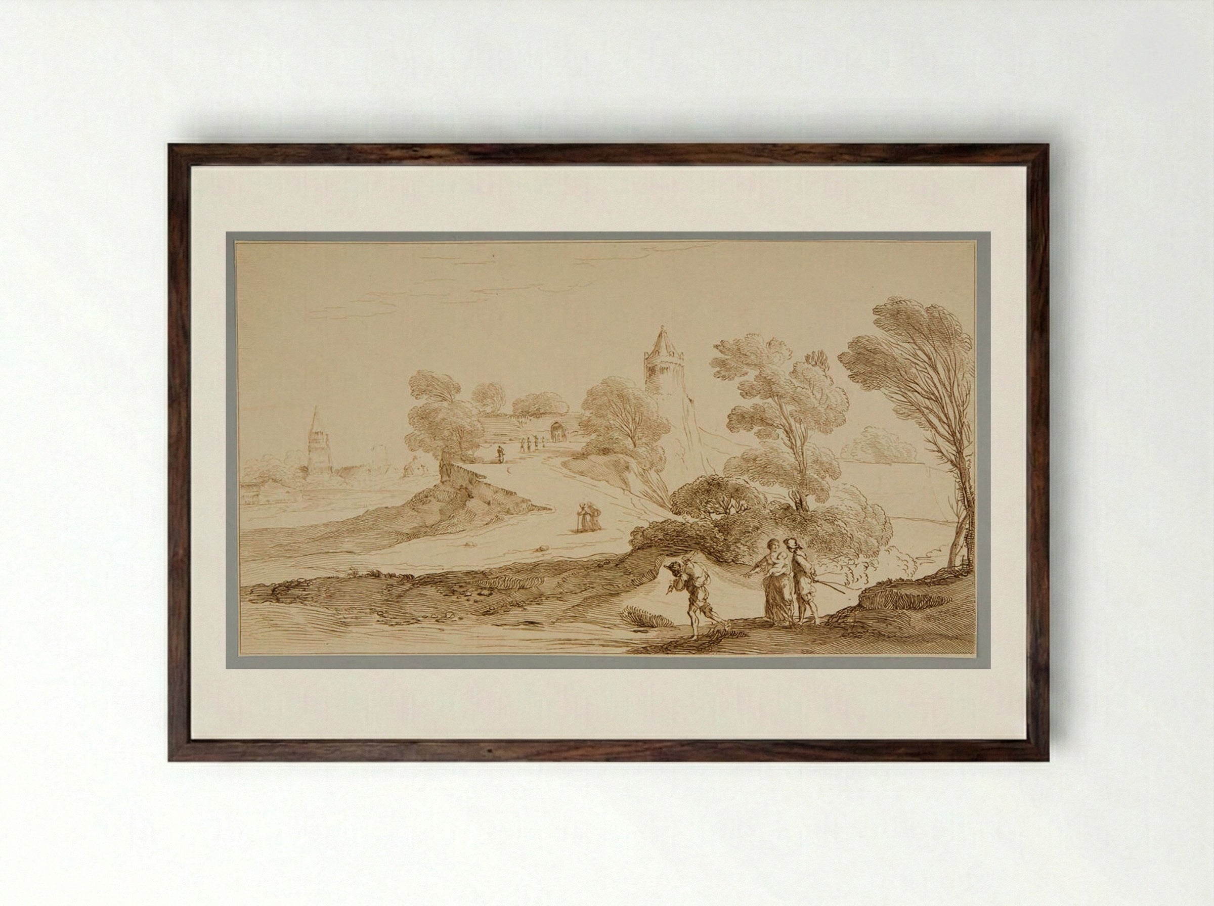 Landscape with Figures - James Basire the Elder - Framed Print Dark Wood
