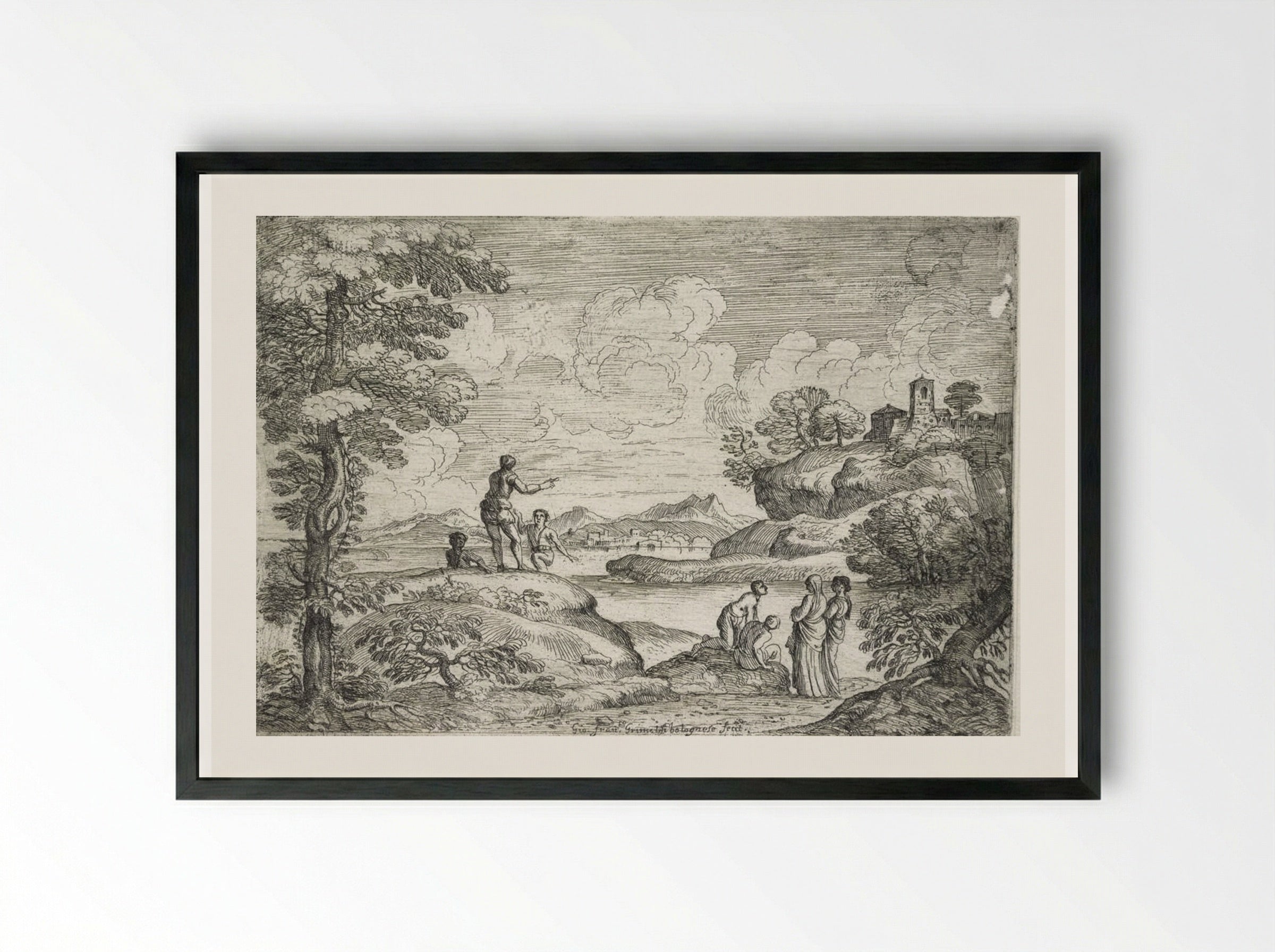 Landscape with Five Men and Two Women - Giovanni Francesco Grimaldi - Framed Print Black